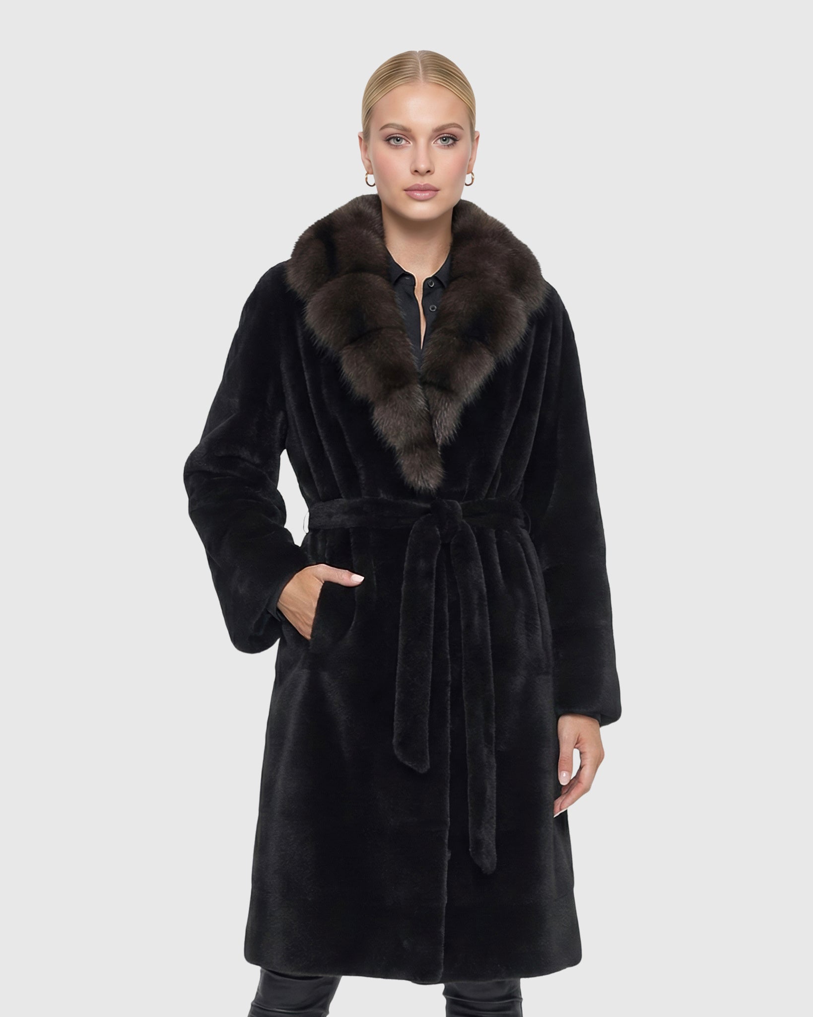 Sheared Mink Short Coat With Sable Collar And Belt
