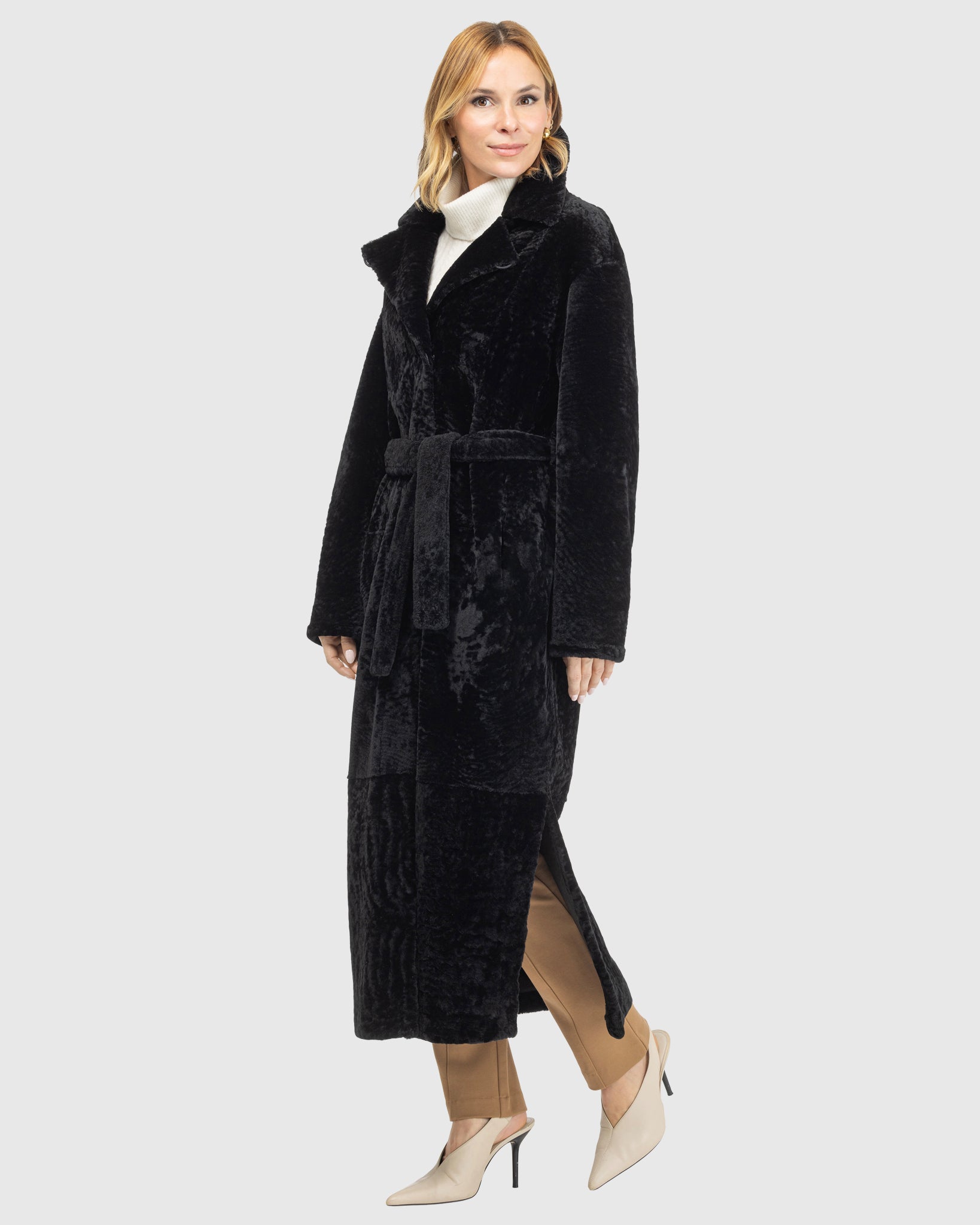 Reversible Select Shearling Lamb Coat with Side Slits and Belt