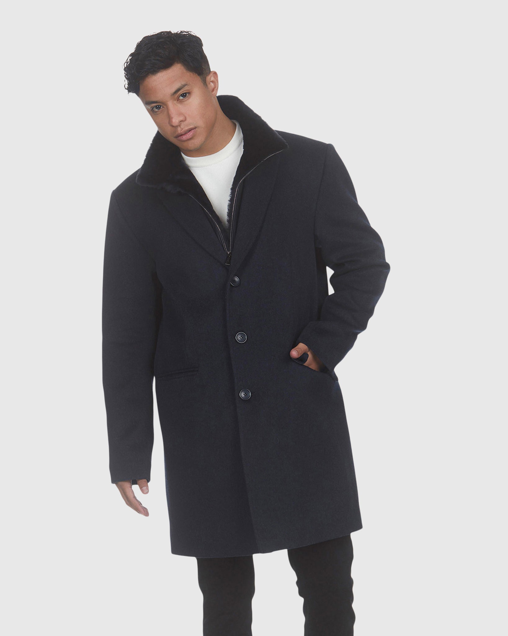 MENS WOOL STROLLER WITH DETACHABLE SHEARLING LAMB TRIM