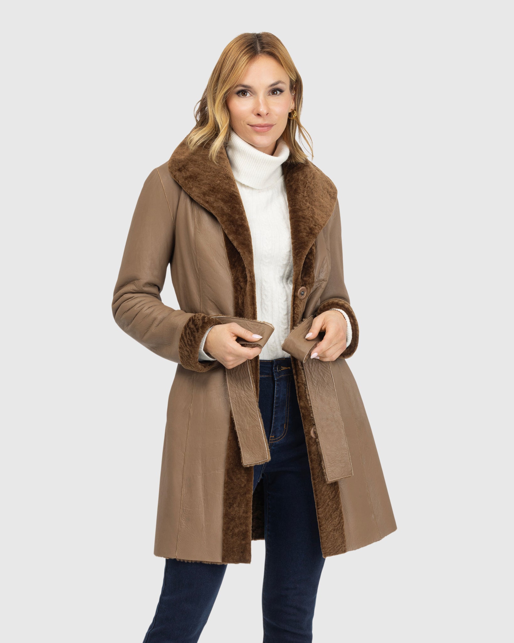Textured Shearling Lamb Reversible Stroller, Belt