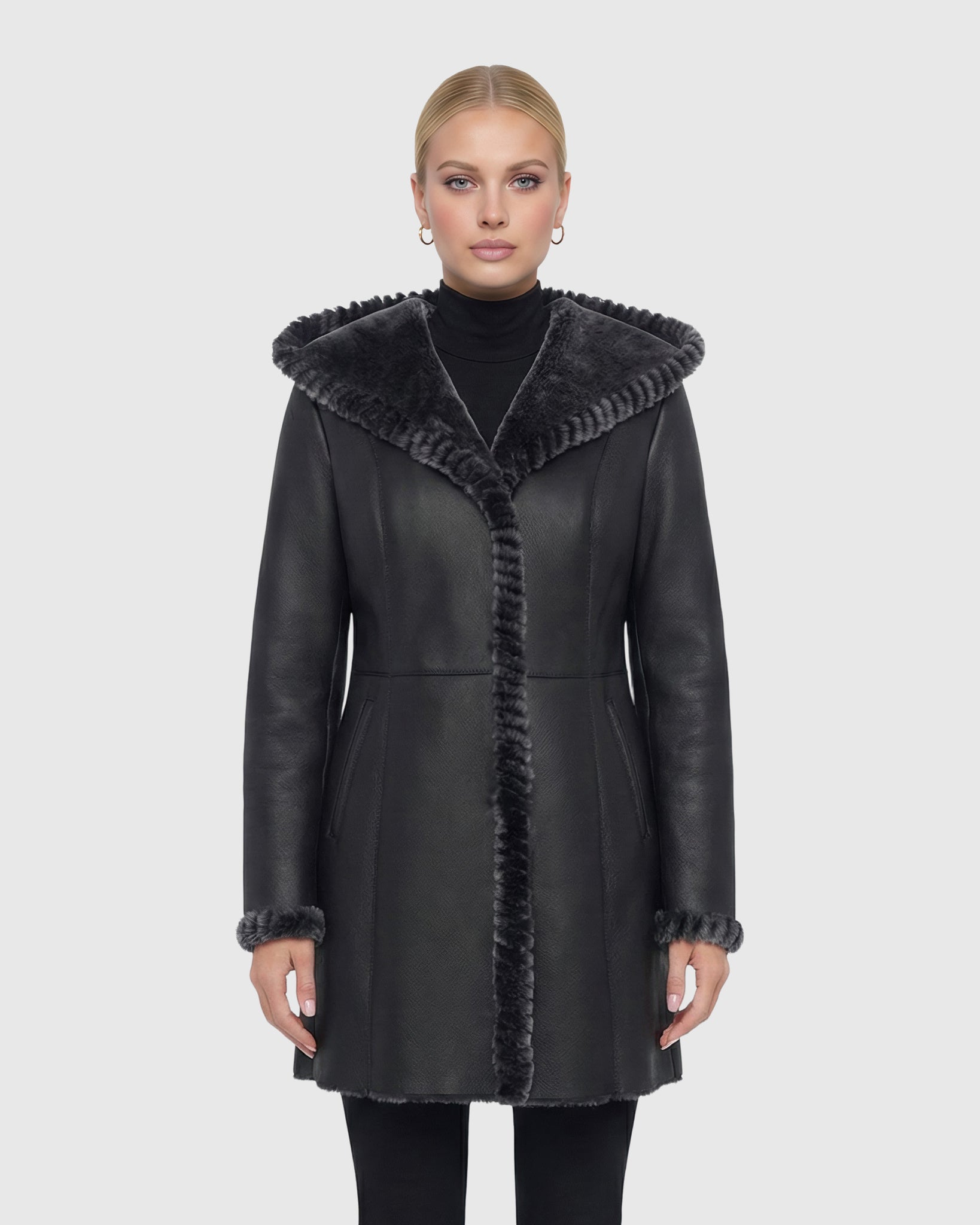Merino Shearling Lamb Jacket With Whipstitch Trim, Hood