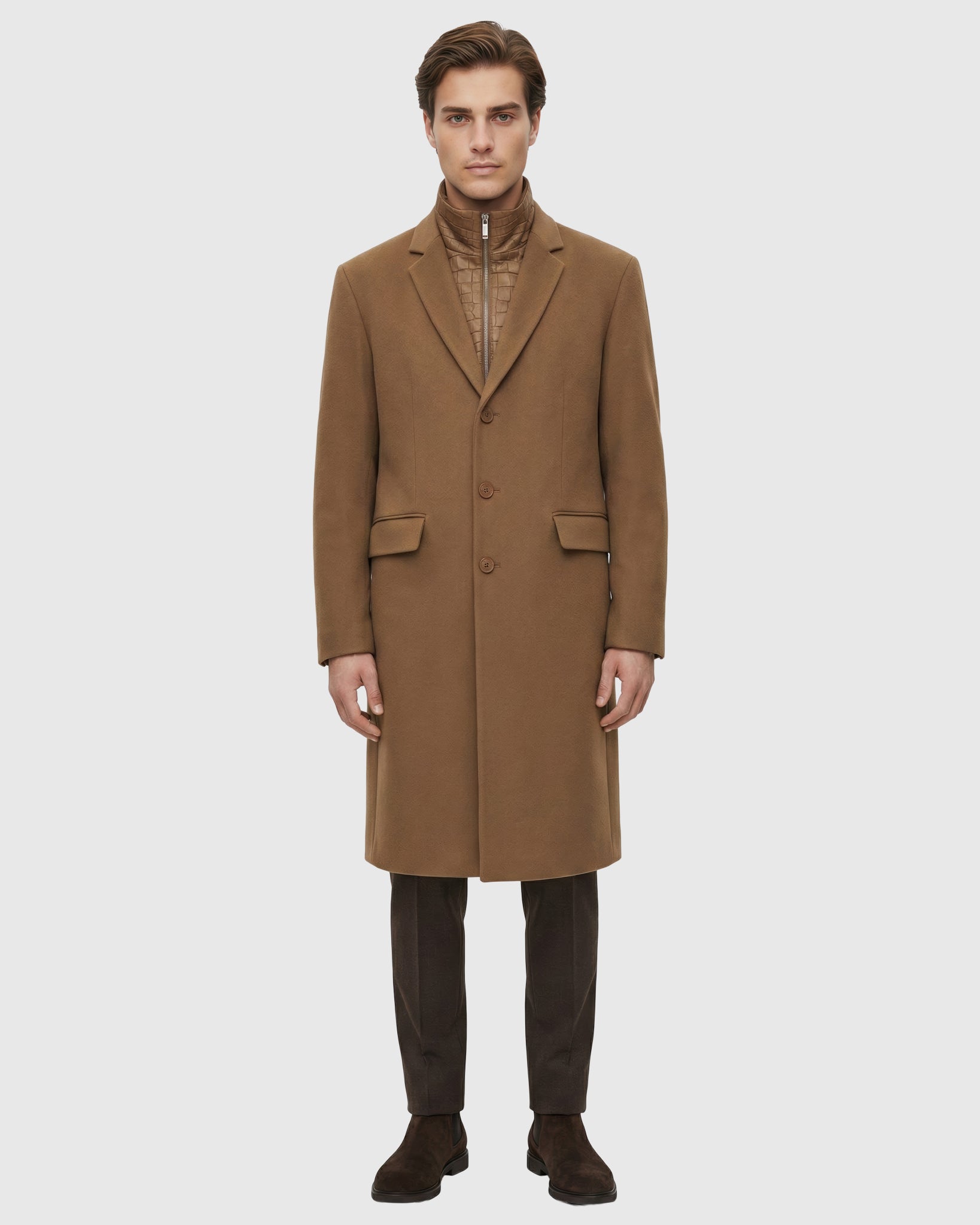 Men's Coat Crafted From Loro Piana Wool, Select Nubuck Croco Embossed Dickey