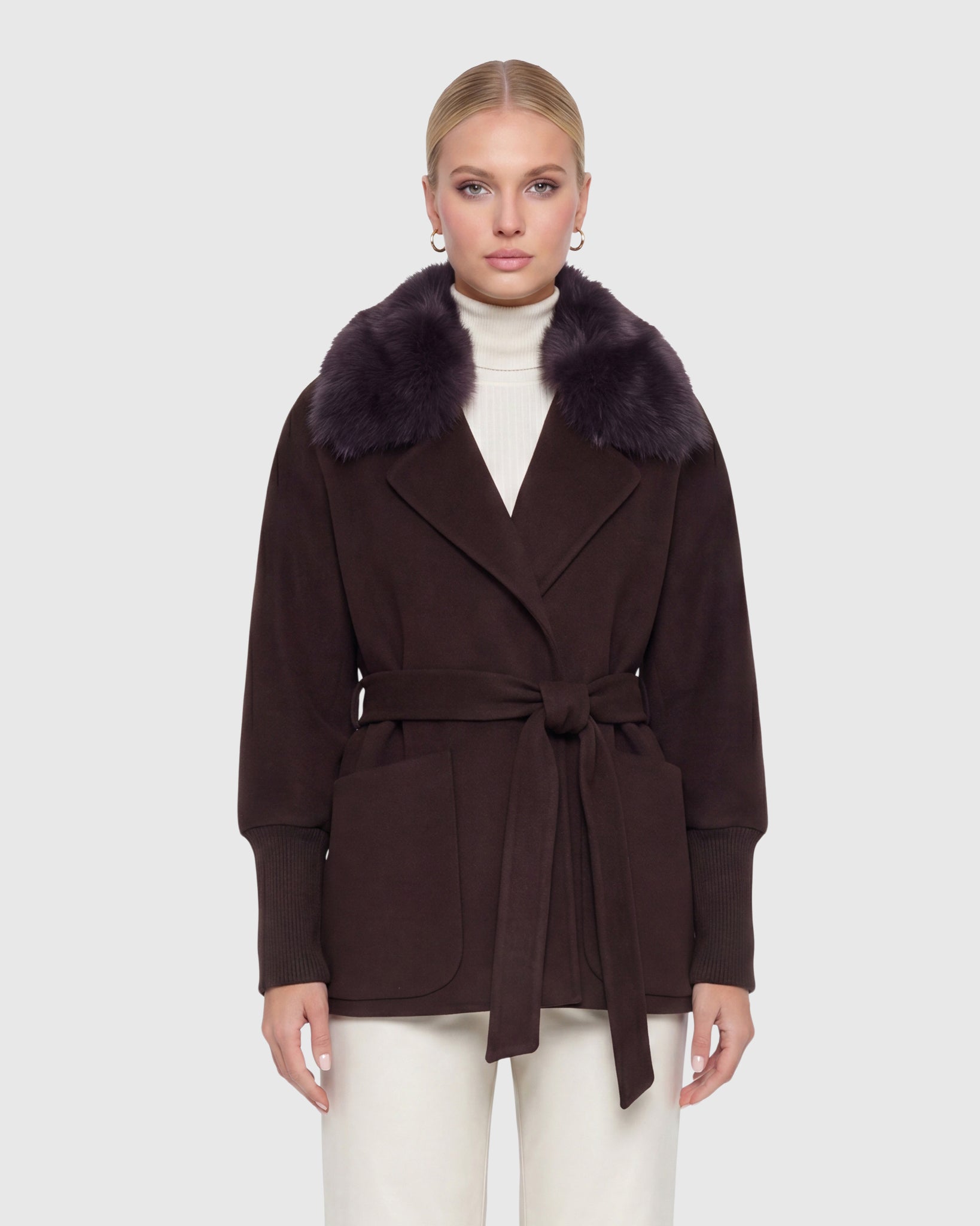 FABRIC JACKET WITH DETACHABLE SHEARLING LAMB COLLAR, BELT