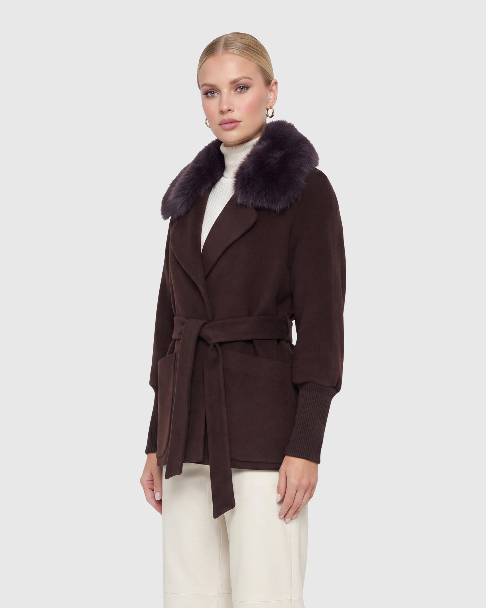 FABRIC JACKET WITH DETACHABLE SHEARLING LAMB COLLAR, BELT