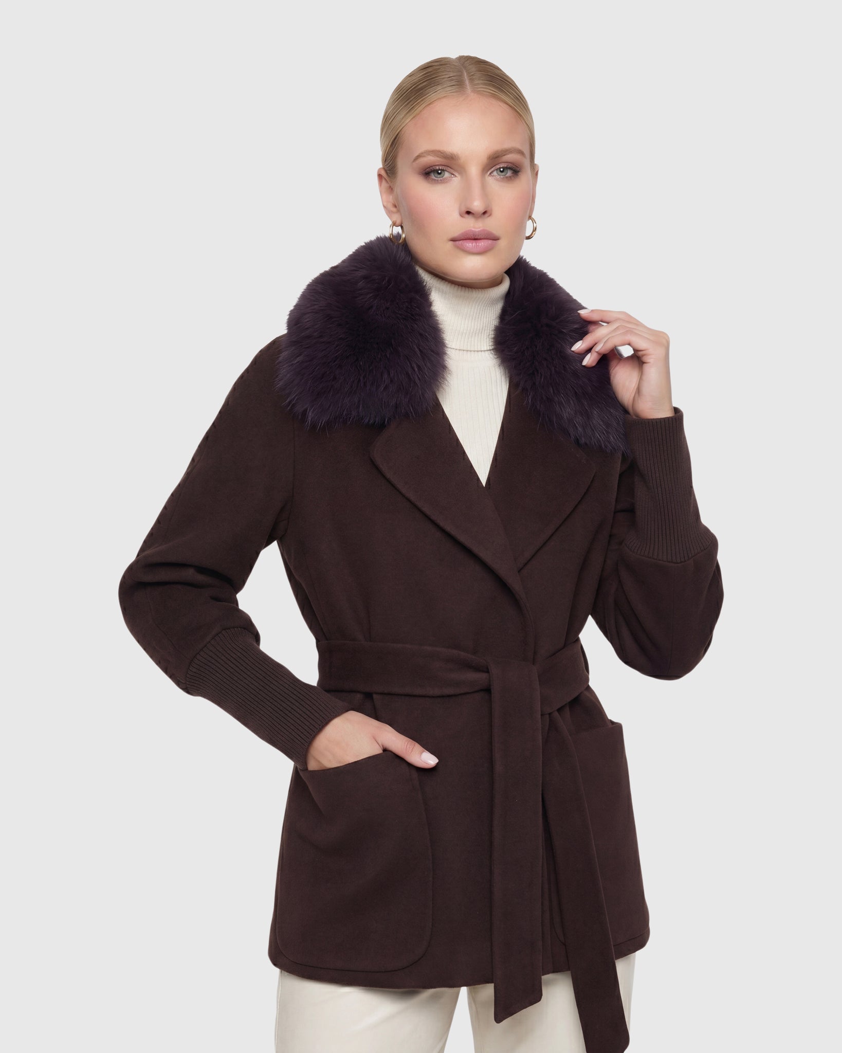 FABRIC JACKET WITH DETACHABLE SHEARLING LAMB COLLAR, BELT