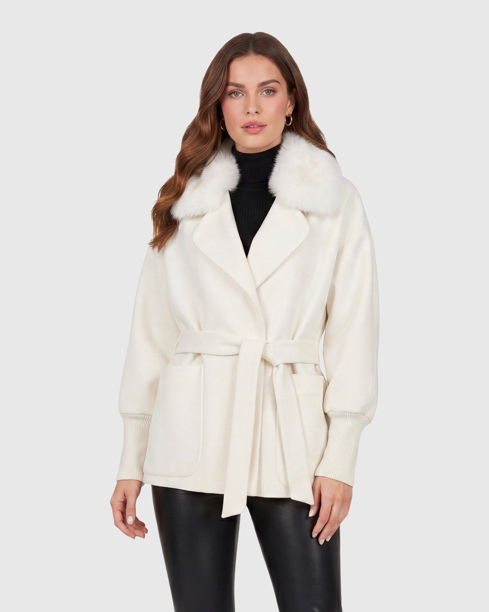FABRIC JACKET WITH DETACHABLE SHEARLING LAMB COLLAR, BELT