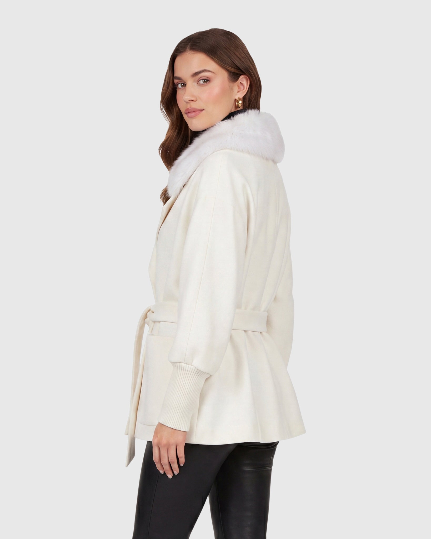 FABRIC JACKET WITH DETACHABLE SHEARLING LAMB COLLAR, BELT