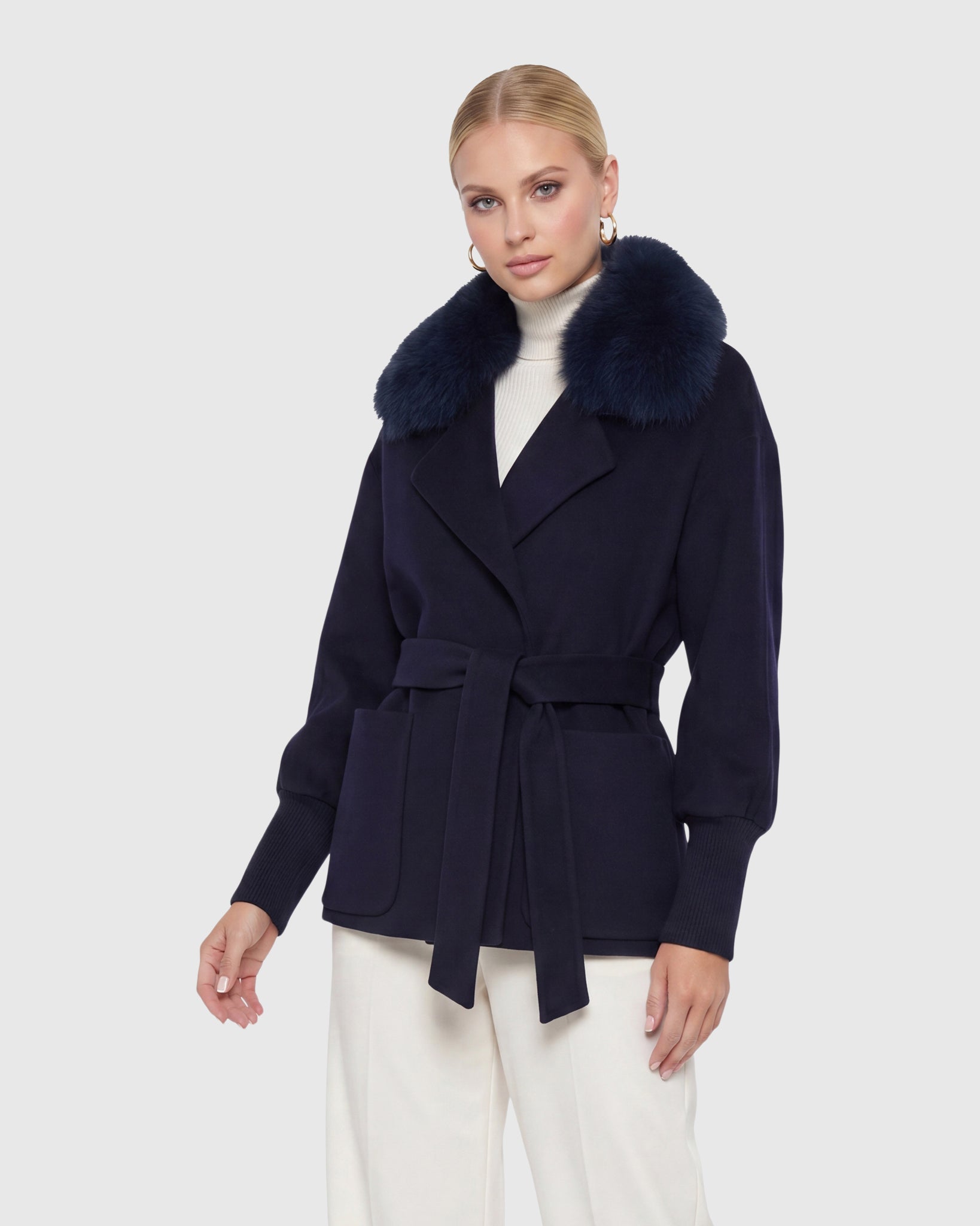 FABRIC JACKET WITH DETACHABLE SHEARLING LAMB COLLAR, BELT