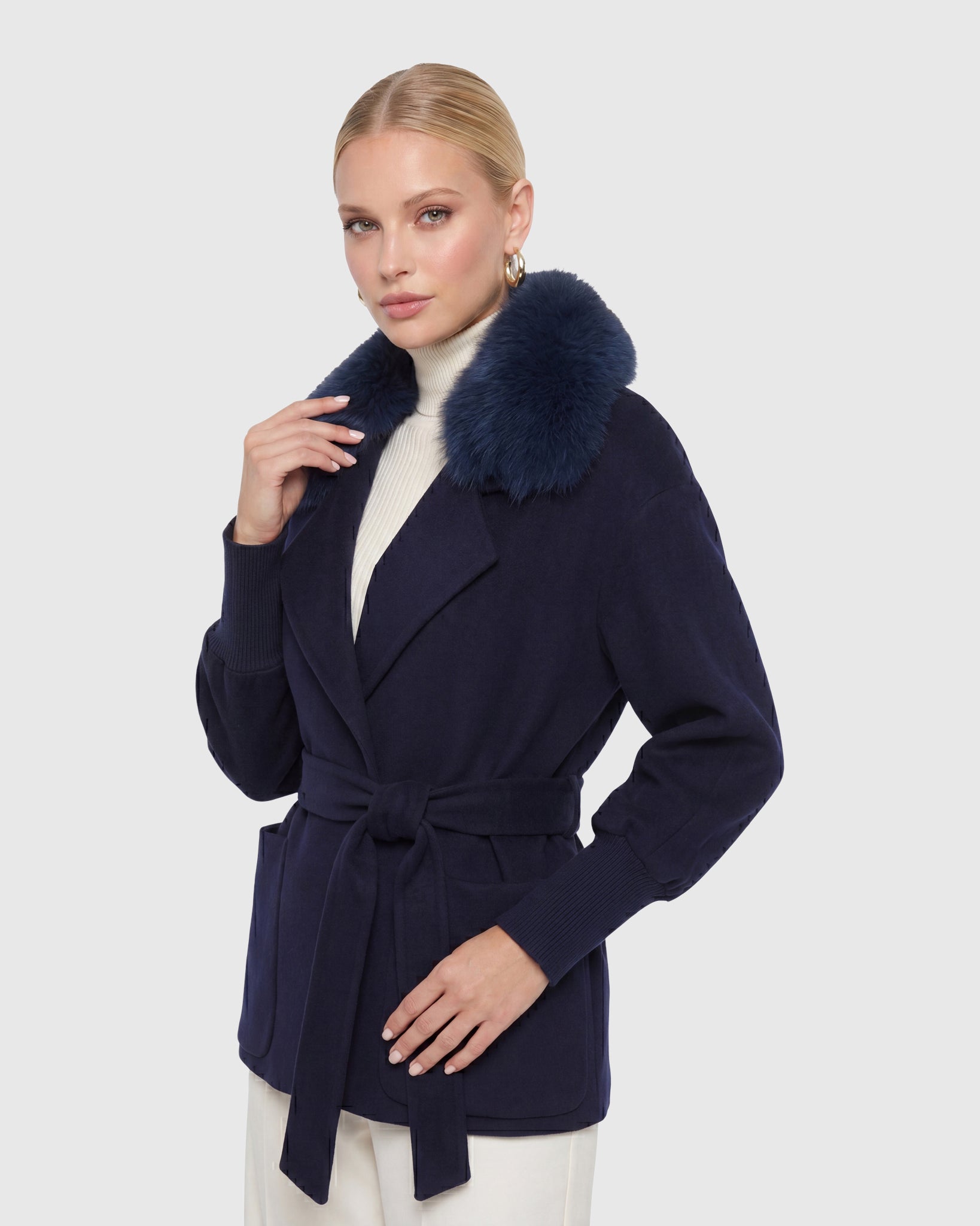 FABRIC JACKET WITH DETACHABLE SHEARLING LAMB COLLAR, BELT