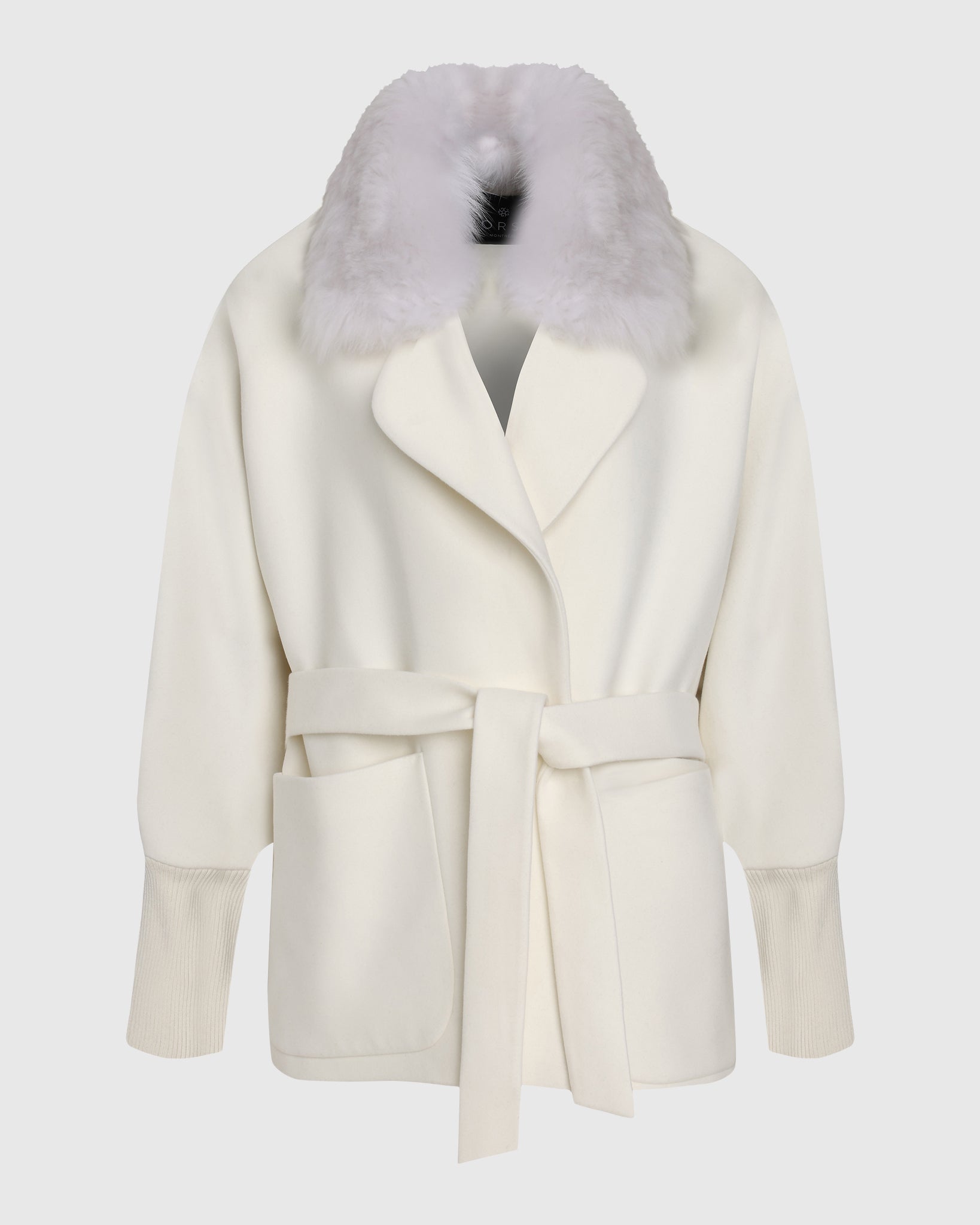 FABRIC JACKET WITH DETACHABLE SHEARLING LAMB COLLAR, BELT