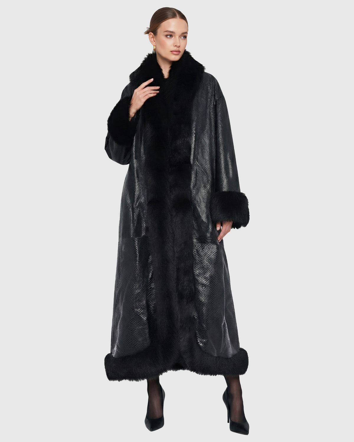 Pyt printed leather coat with Merinillo shearling lamb trim