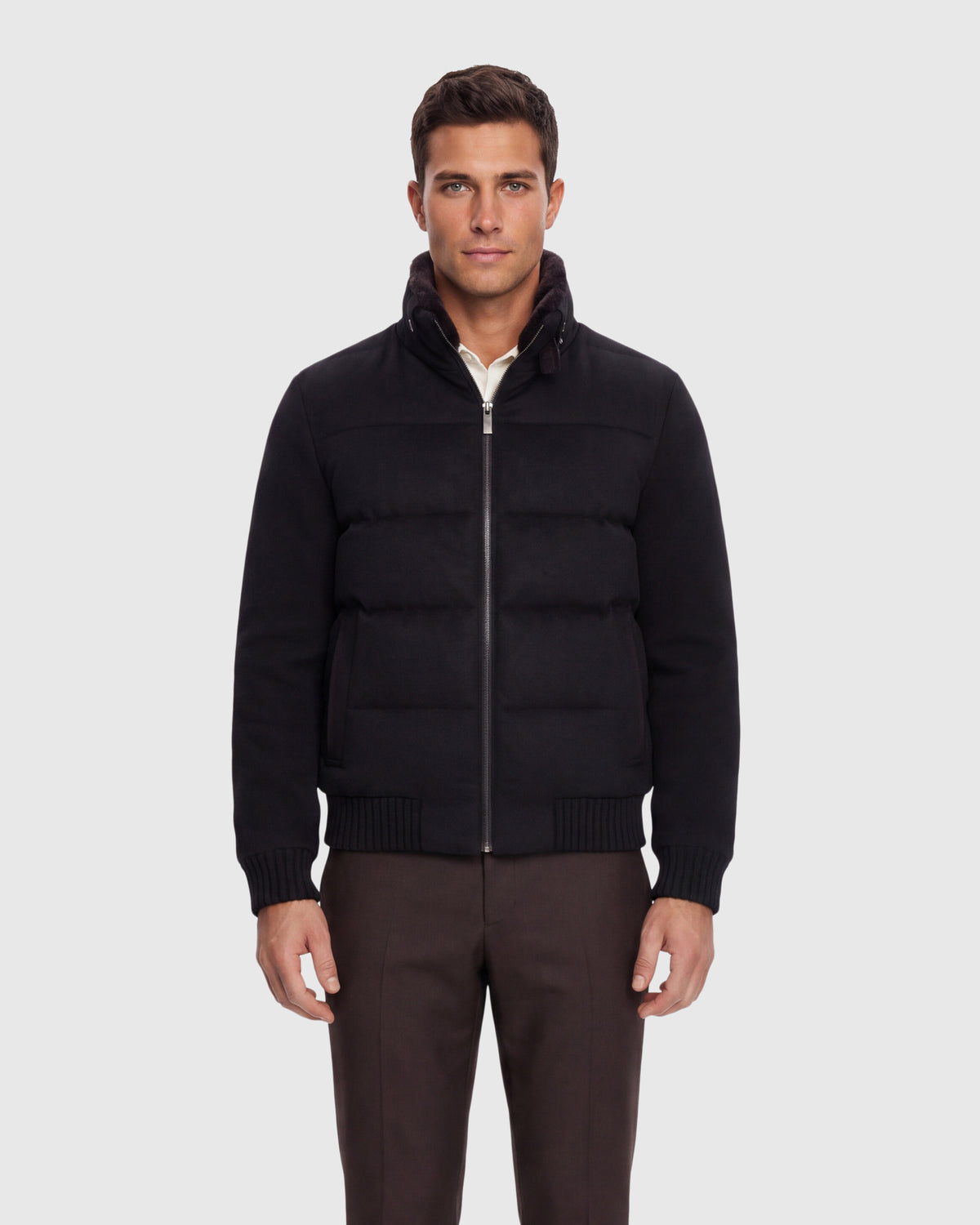 MEN'S WOOL BLEND QUILTED DOWN JACKET WITH DETACHABLE SELECT SHEARLING LAMB