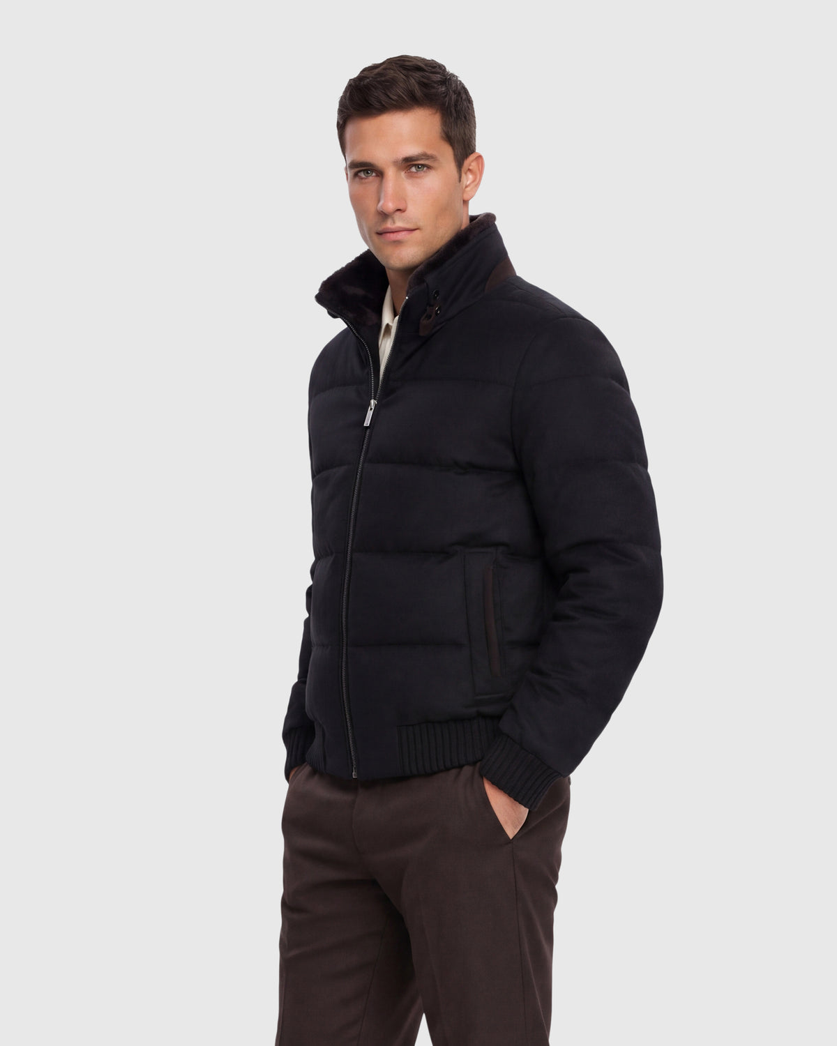 MEN'S WOOL BLEND QUILTED DOWN JACKET WITH DETACHABLE SELECT SHEARLING LAMB