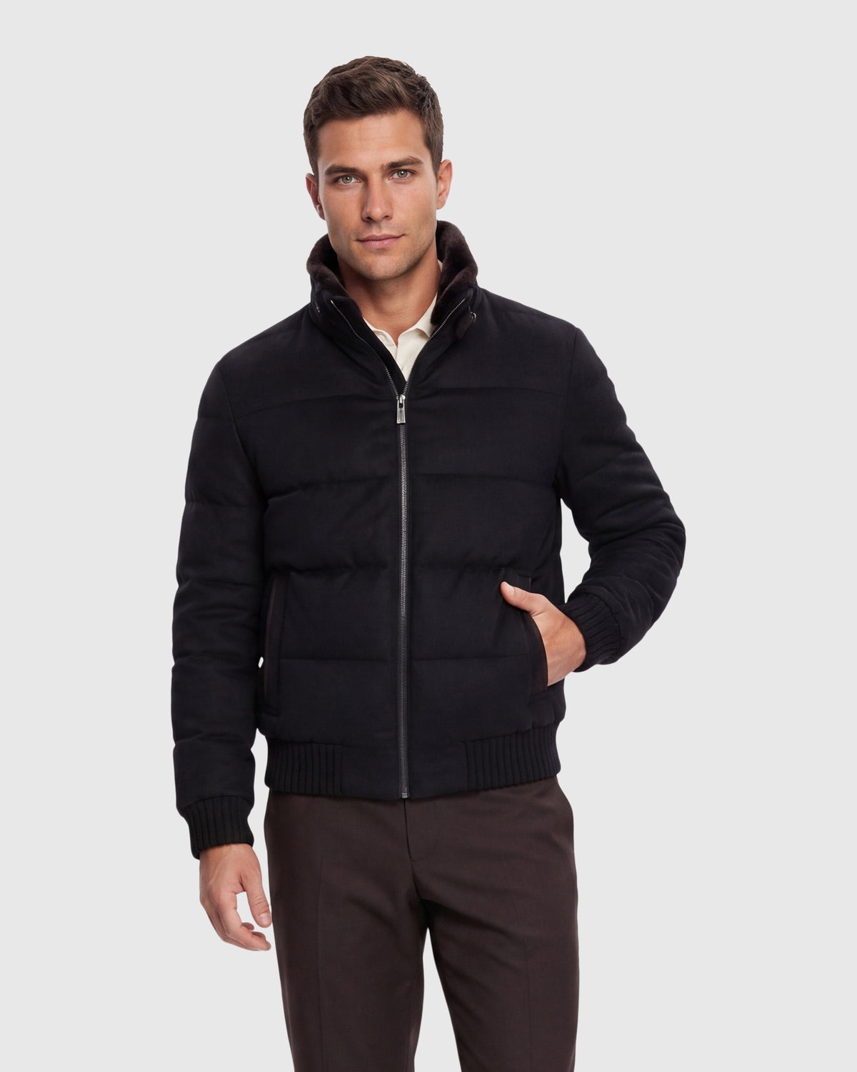 MEN'S WOOL BLEND QUILTED DOWN JACKET WITH DETACHABLE SELECT SHEARLING LAMB