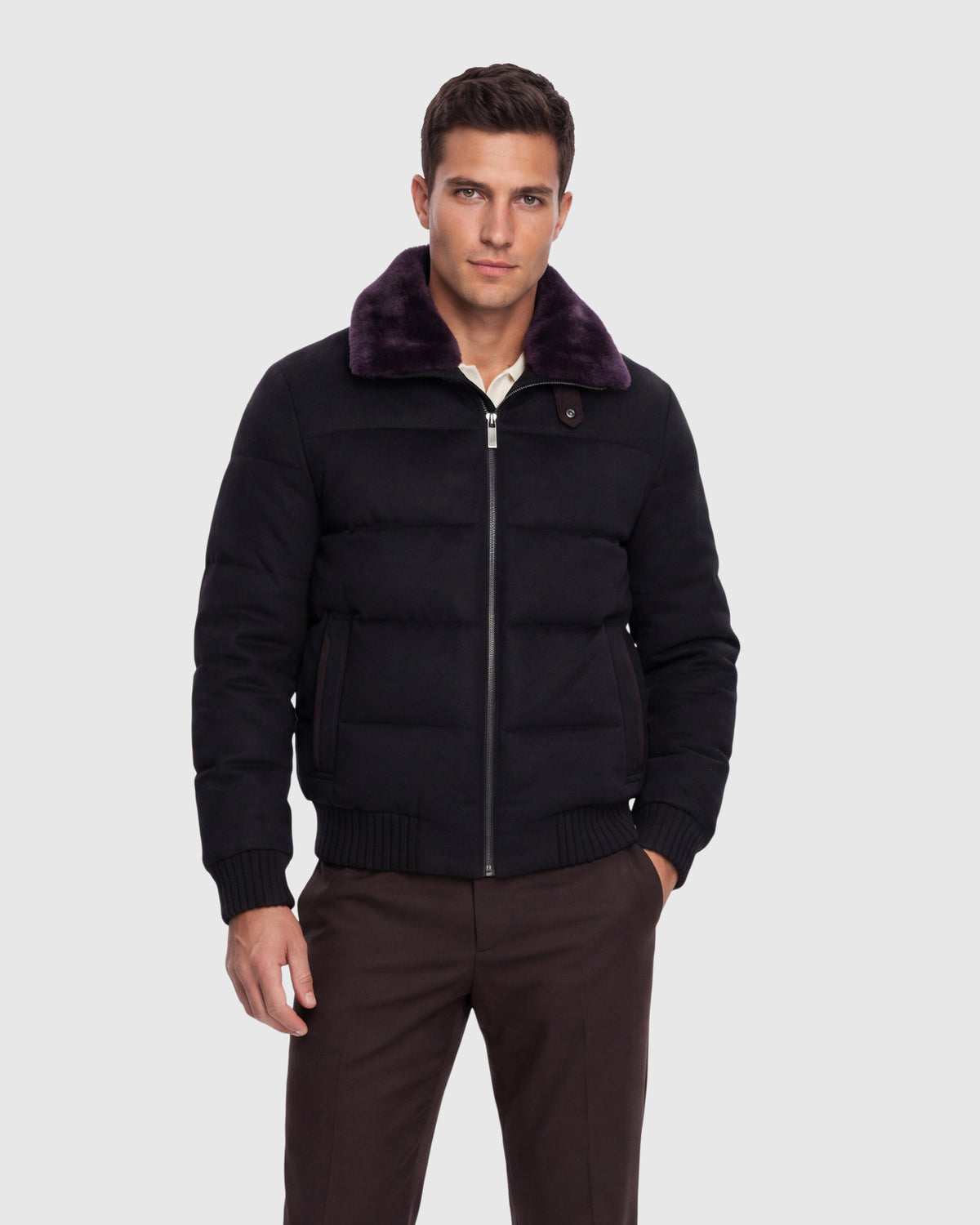 MEN'S WOOL BLEND QUILTED DOWN JACKET WITH DETACHABLE SELECT SHEARLING LAMB