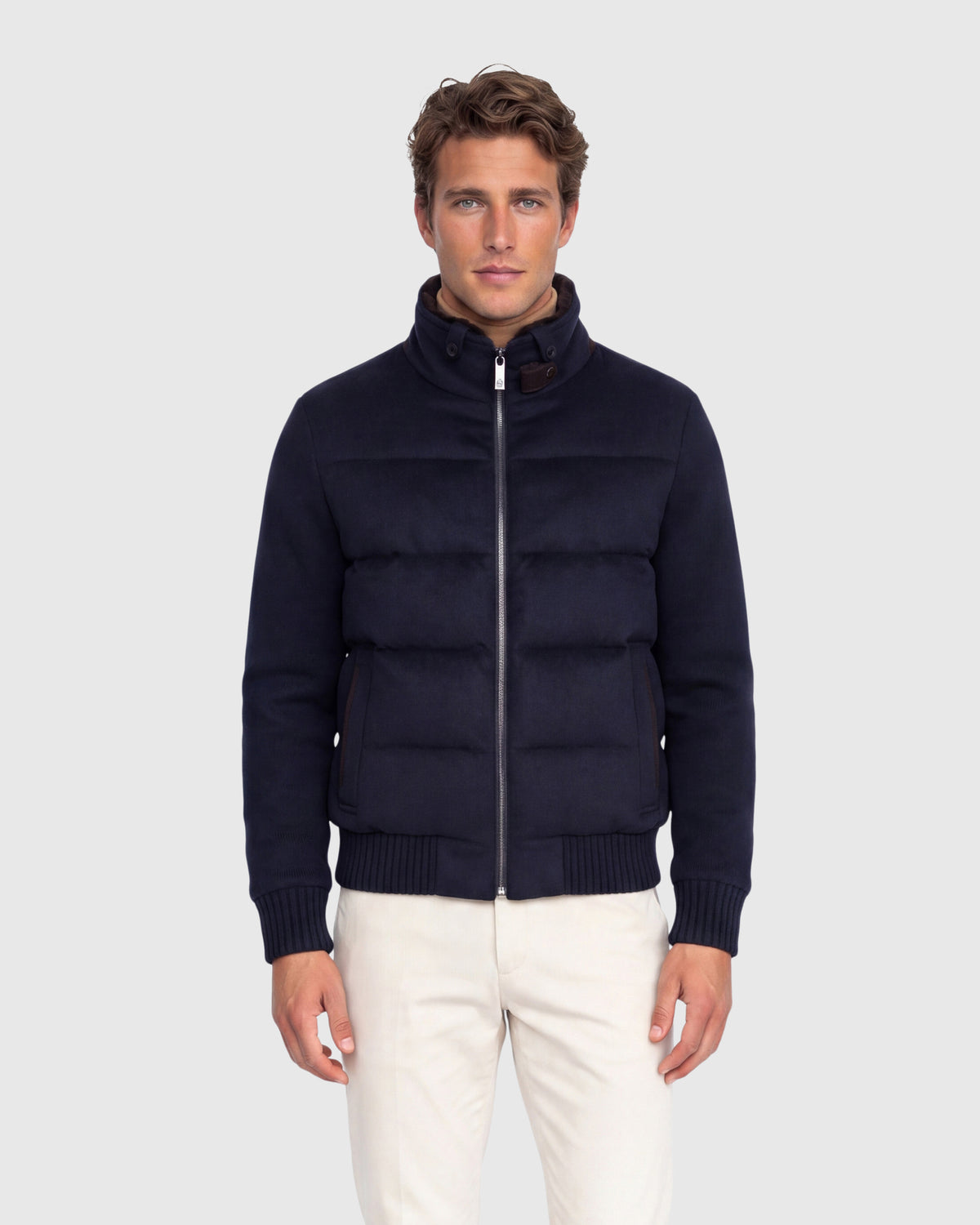 MEN'S WOOL BLEND QUILTED DOWN JACKET WITH DETACHABLE SELECT SHEARLING LAMB