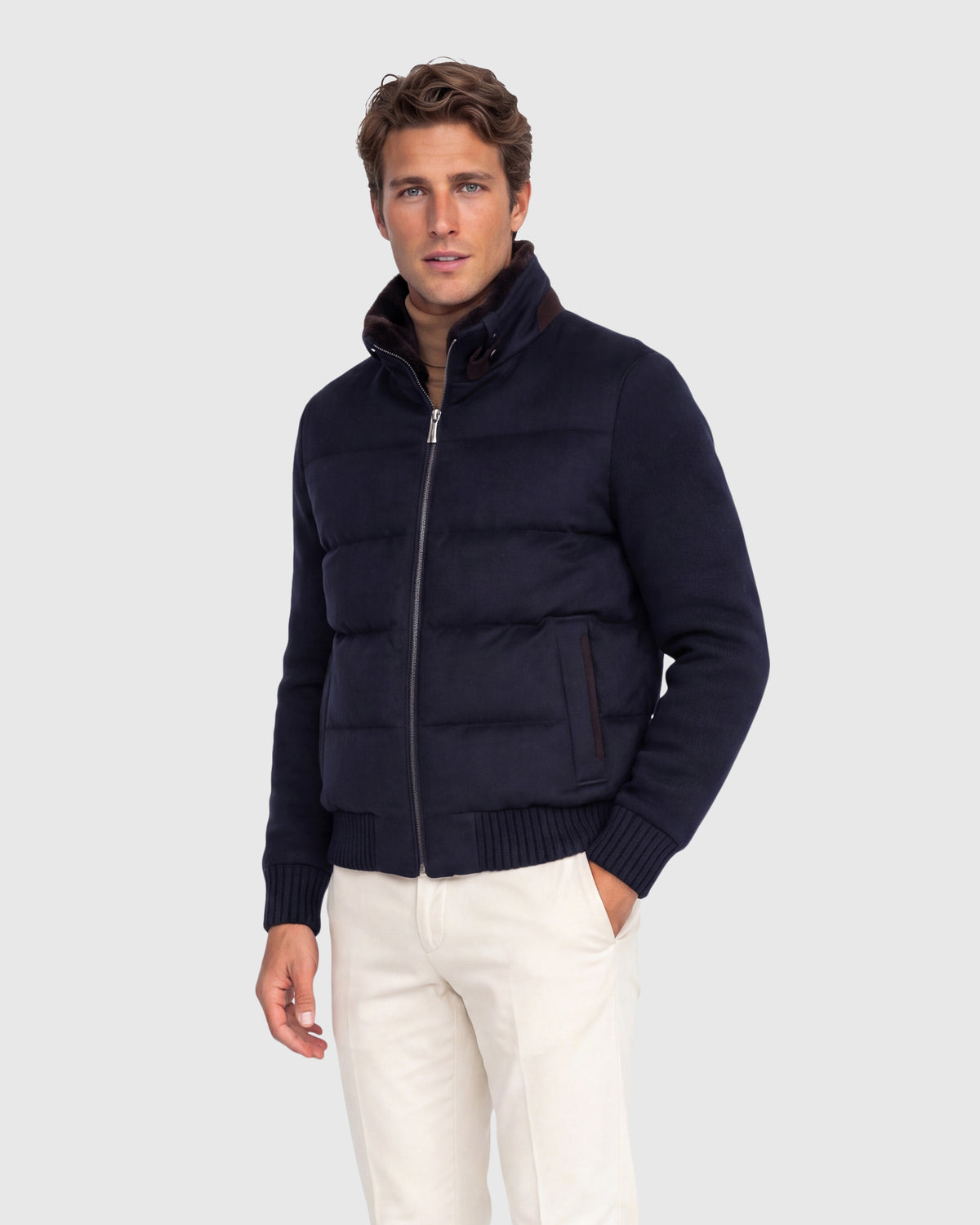 MEN'S WOOL BLEND QUILTED DOWN JACKET WITH DETACHABLE SELECT SHEARLING LAMB