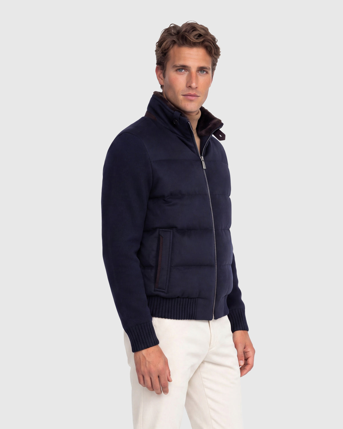 MEN'S WOOL BLEND QUILTED DOWN JACKET WITH DETACHABLE SELECT SHEARLING LAMB