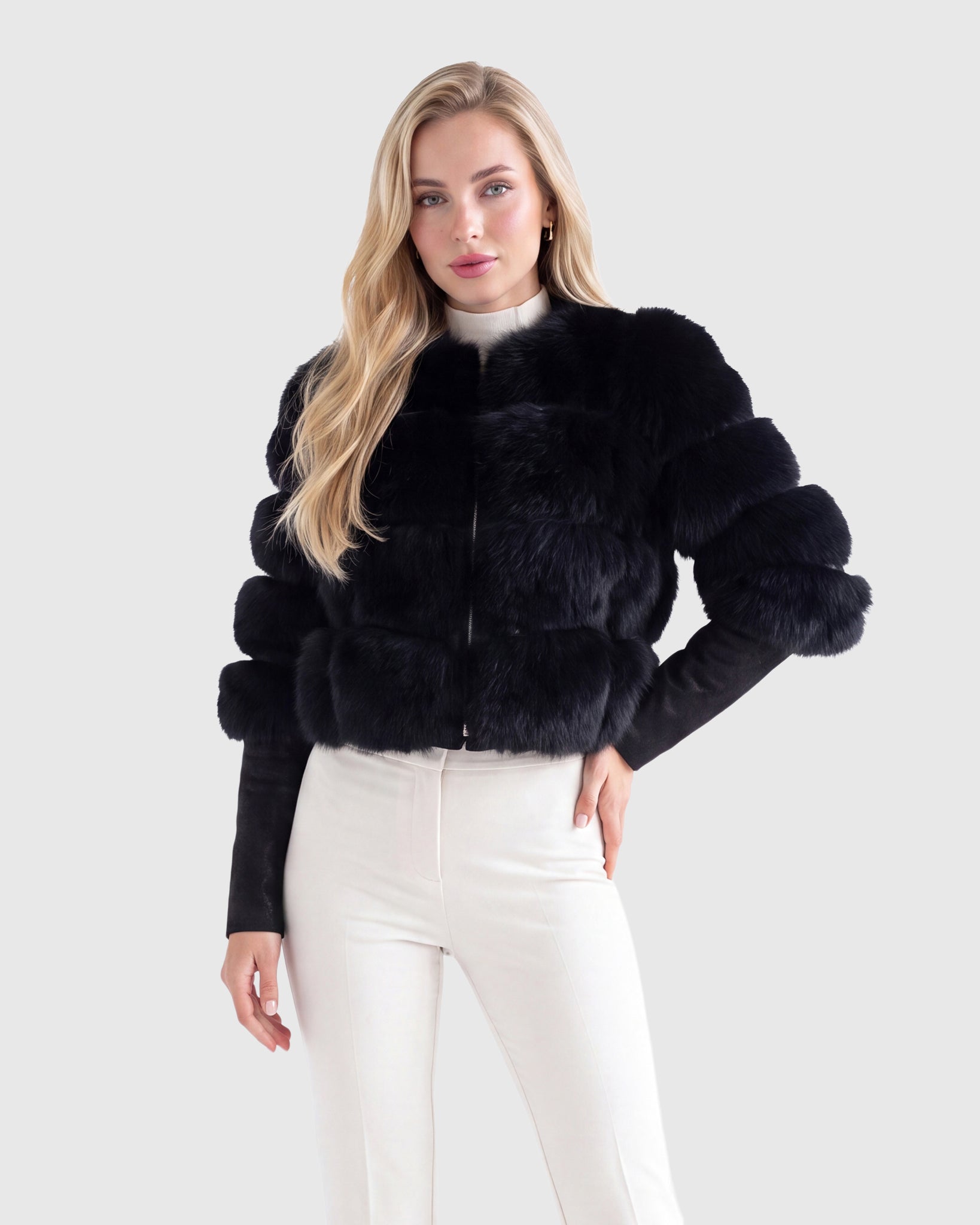 CROPPED FOX JACKET WITH DETACHABLE HOOD AND WITH METIS SUEDE LOWER SLEEVES