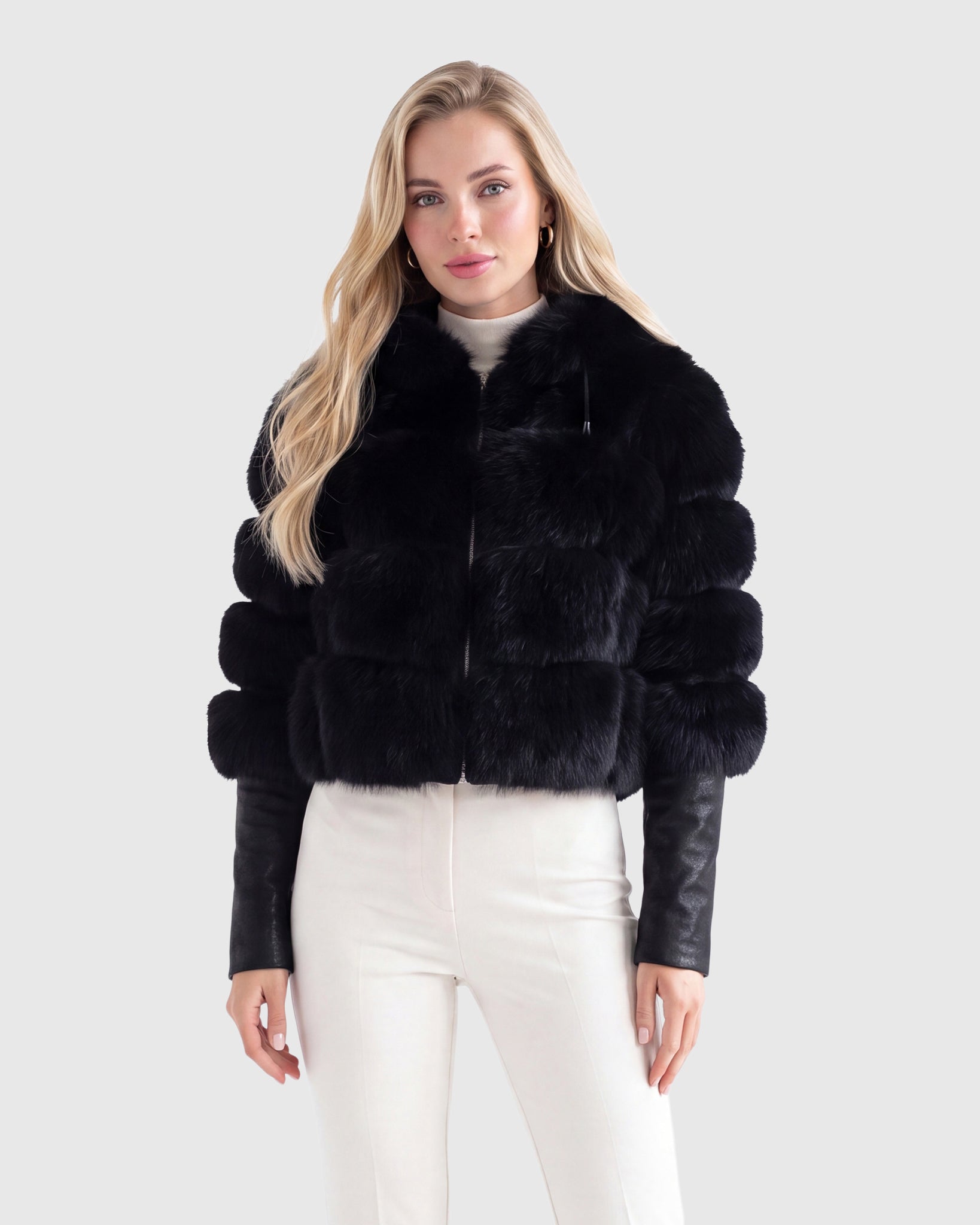 CROPPED FOX JACKET WITH DETACHABLE HOOD AND WITH METIS SUEDE LOWER SLEEVES