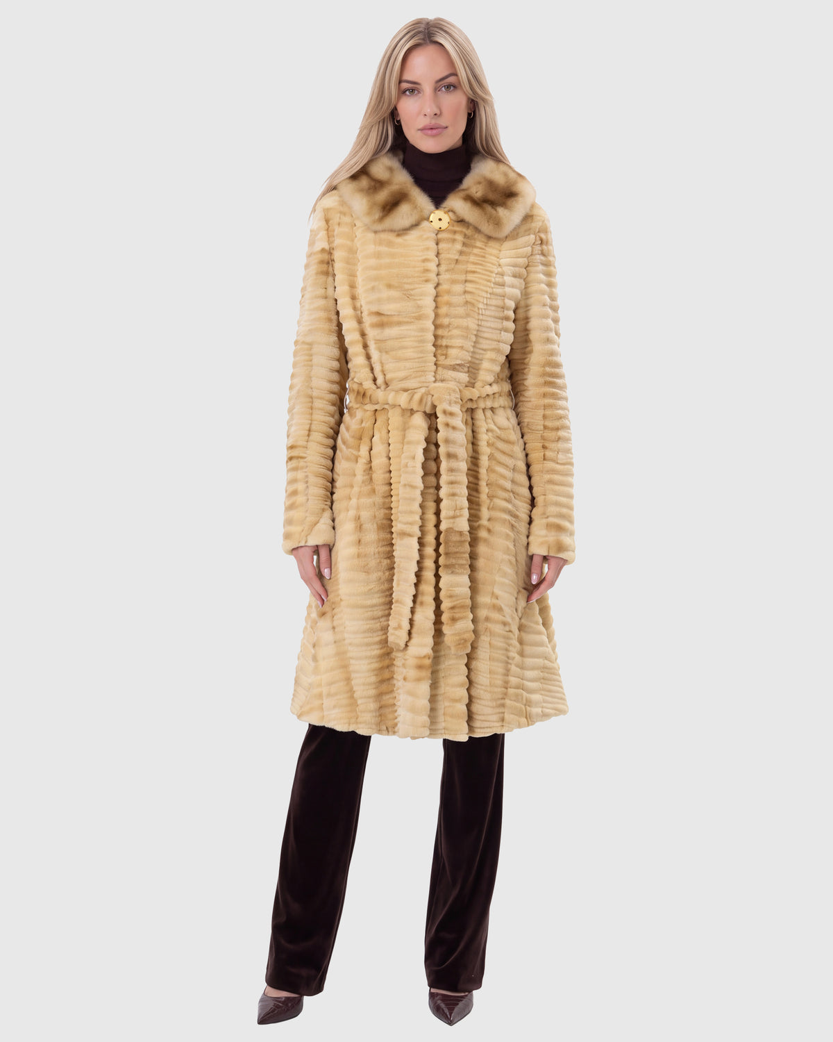 Mink sheared sections short coat with sable trim