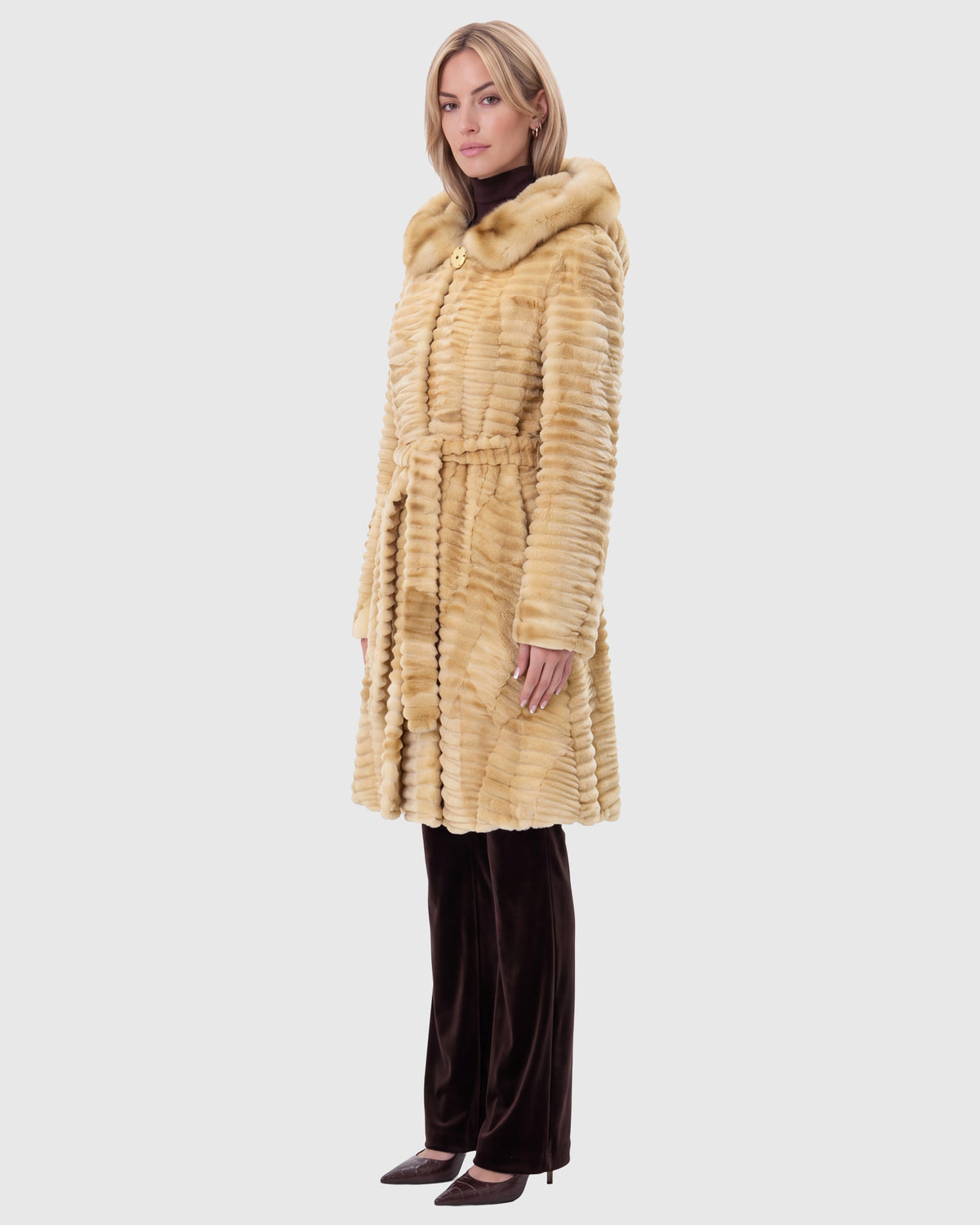 Mink sheared sections short coat with sable trim