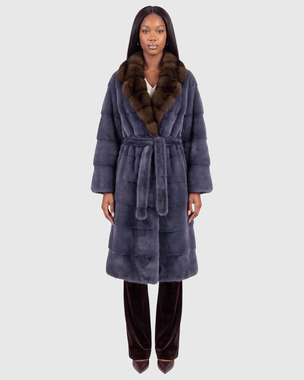 Mink short coat with sable collar, mink belt