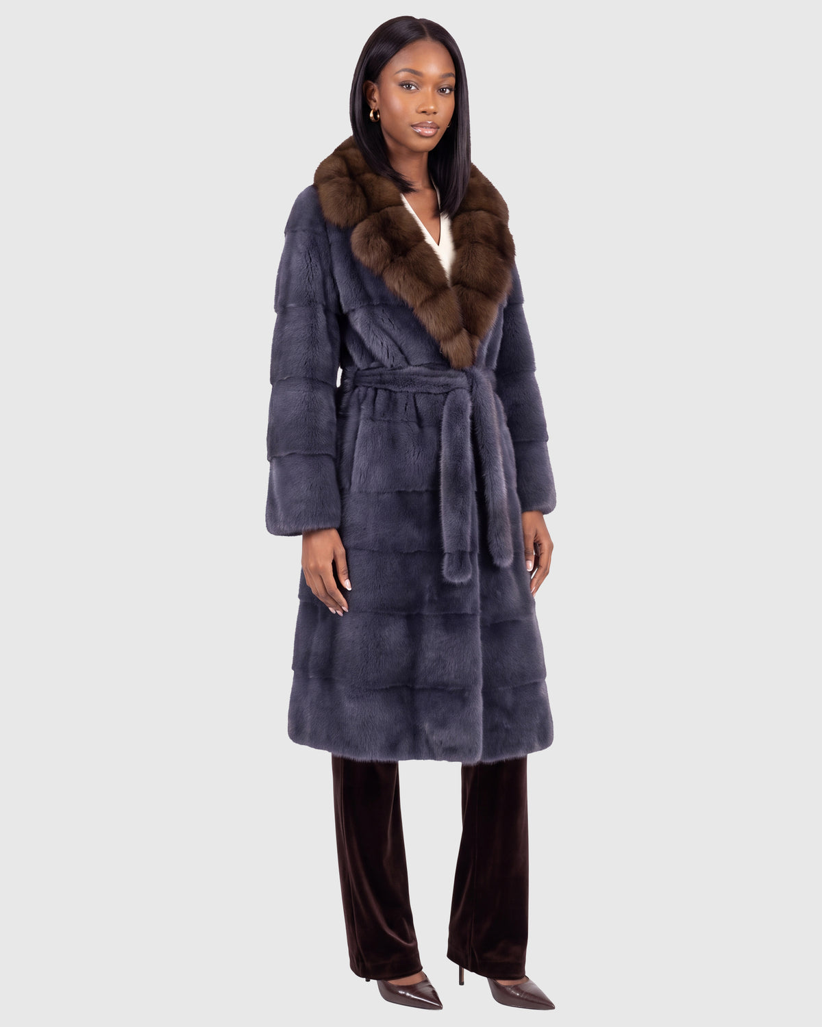 Mink short coat with sable collar, mink belt