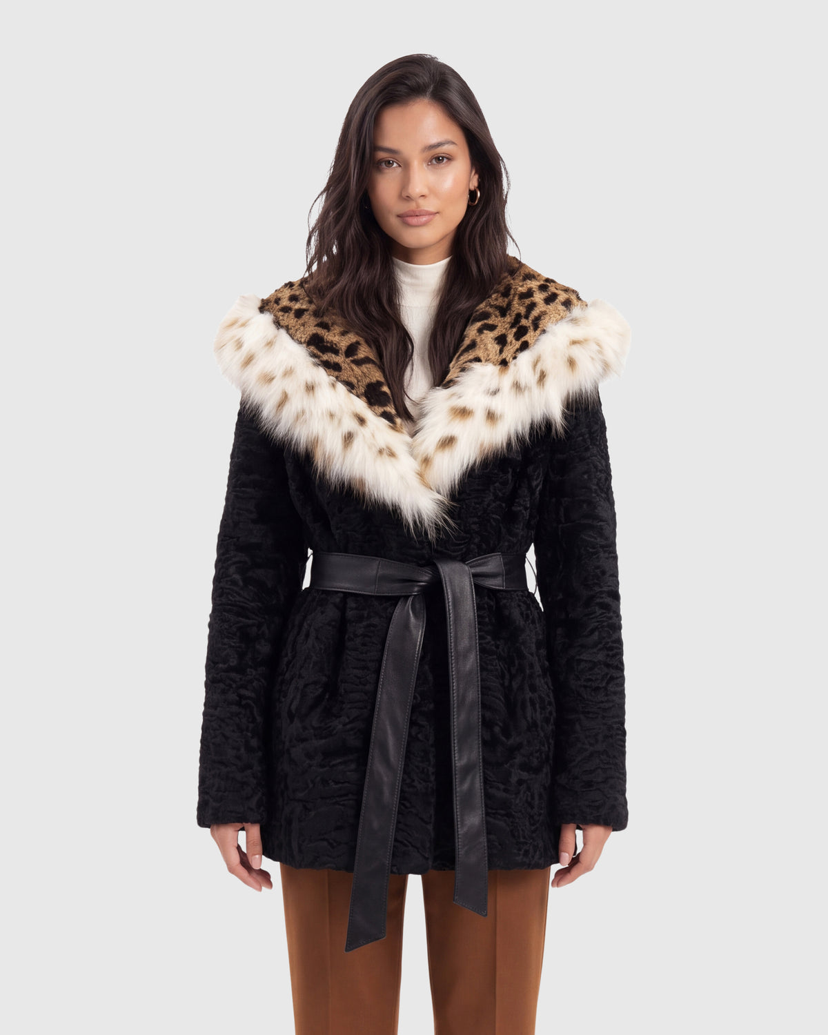 Persian lamb jacket with lynx sections hood and fox trim