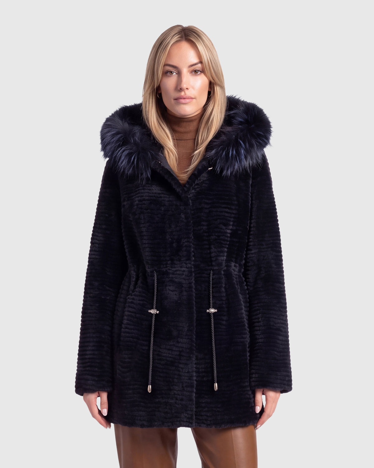 NUTRIA JACKET WITH FOX HOOD TRIM