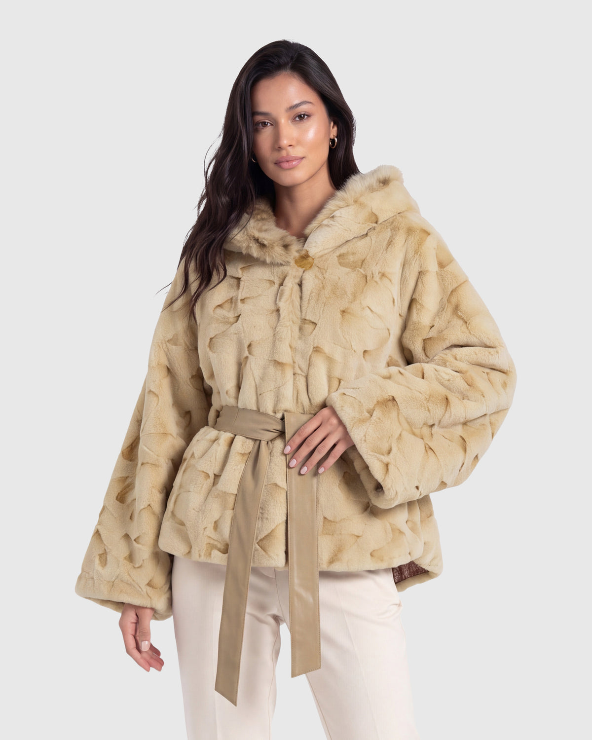 MINK SHEARED SECTIONS CAPE WITH LYNX SECTIONS HOOD AND FOX TRIM