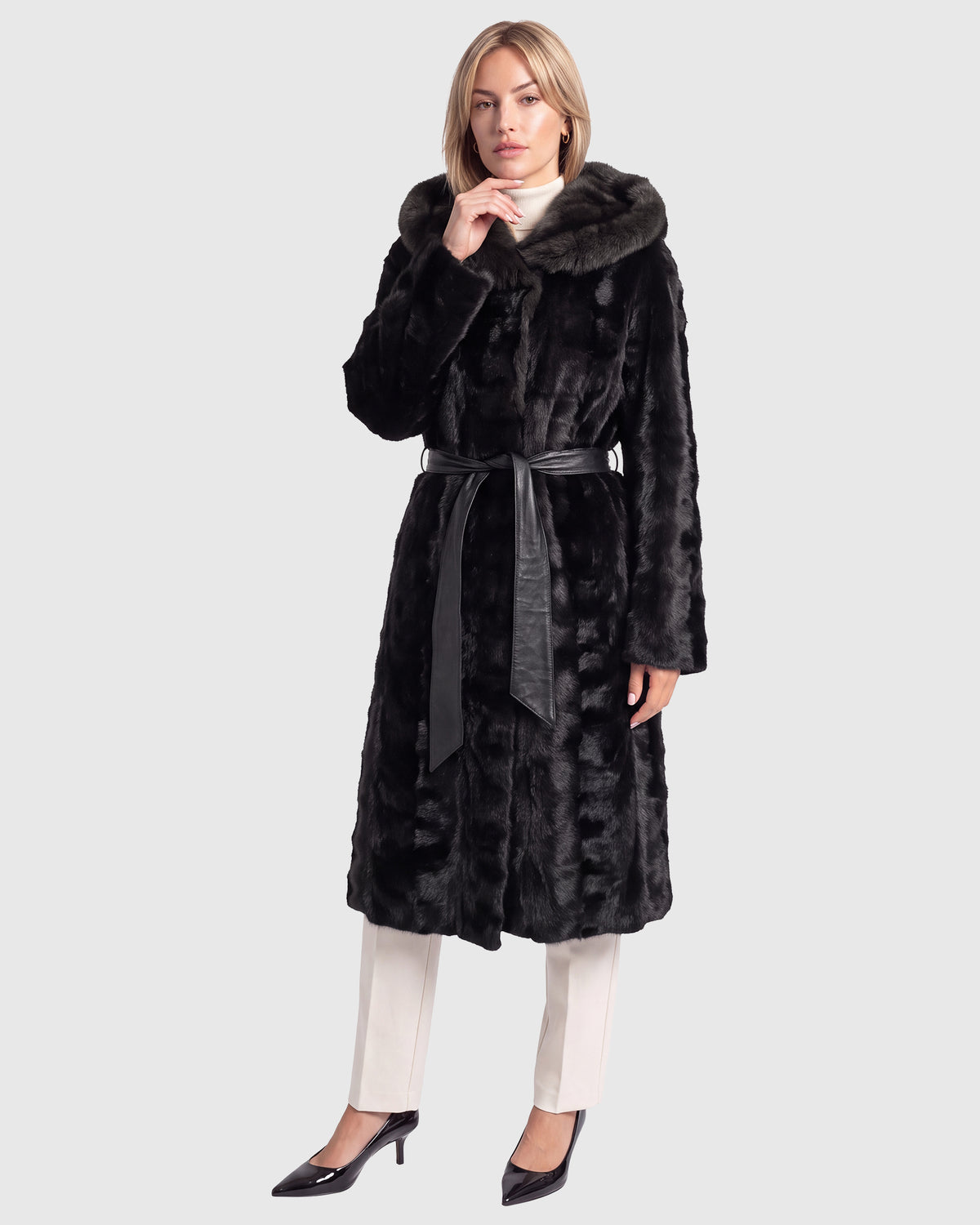 Mink sections short coat with sable sections hood