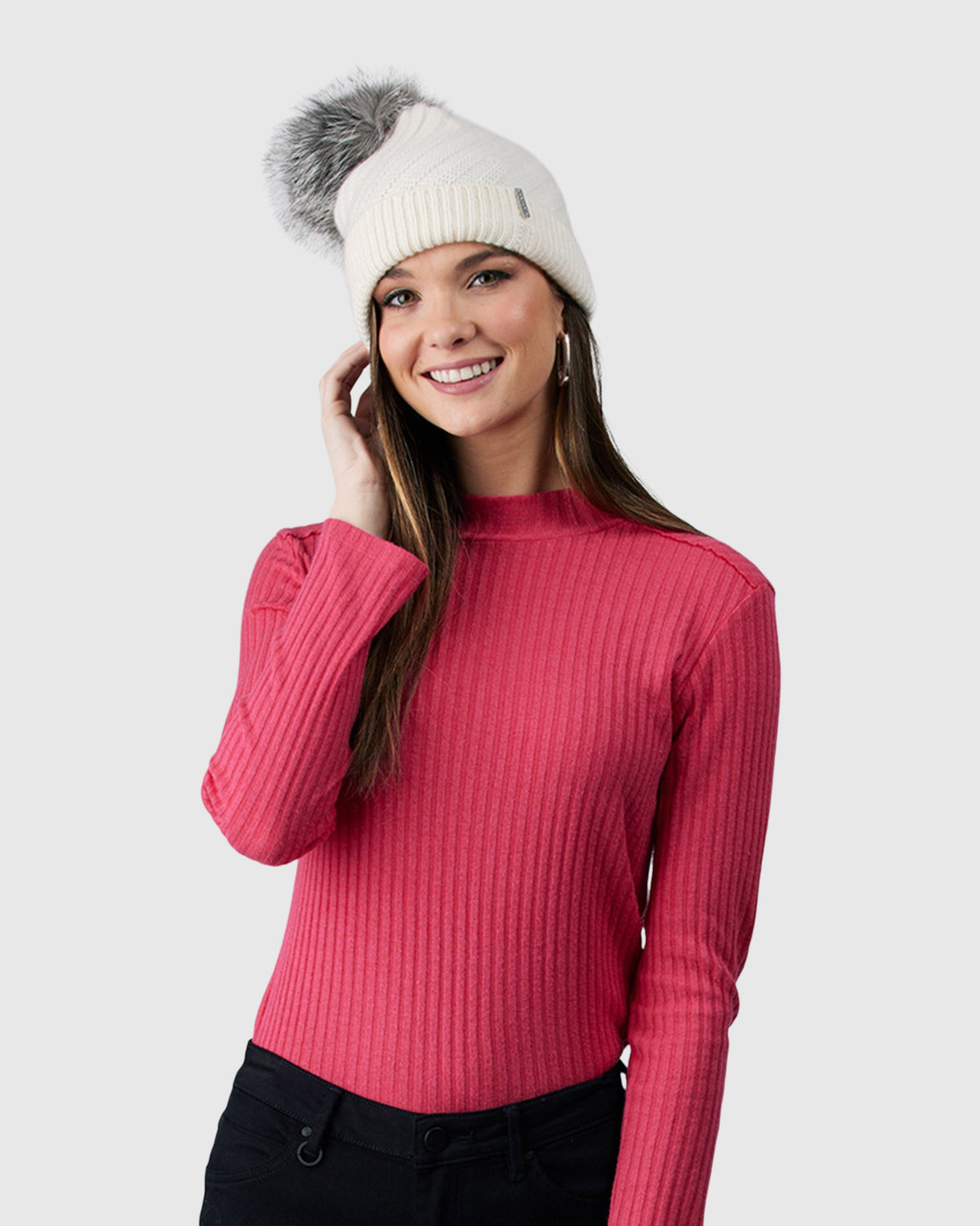 GORSKI Knit Cashmere Hat with Fox Fur Pompom Cassie Knitted Hood with Fox Fur Trim in Oat: FurHatWorld.com main image 2