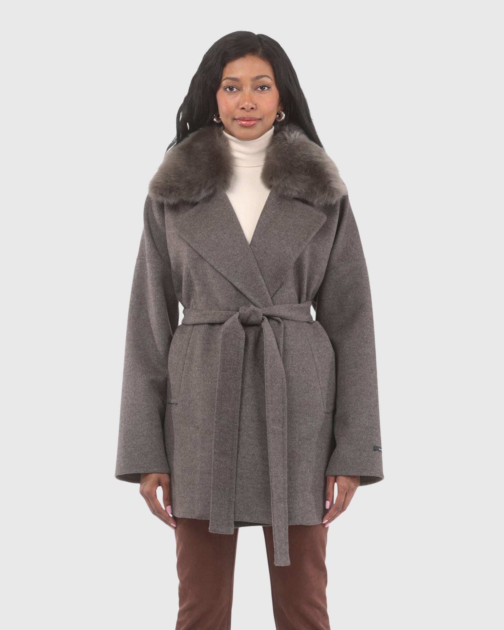 Grey Cashmere Wool Coat Women Belted Coat Grey Cashmere