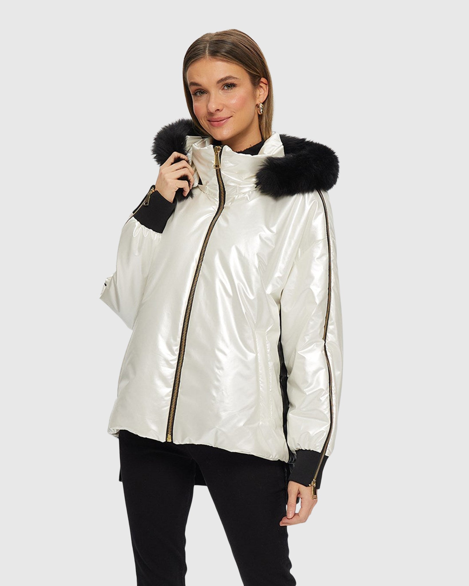FABRIC JACKET WITH DETACHABLE SHEARLING LAMB HOOD TRIM