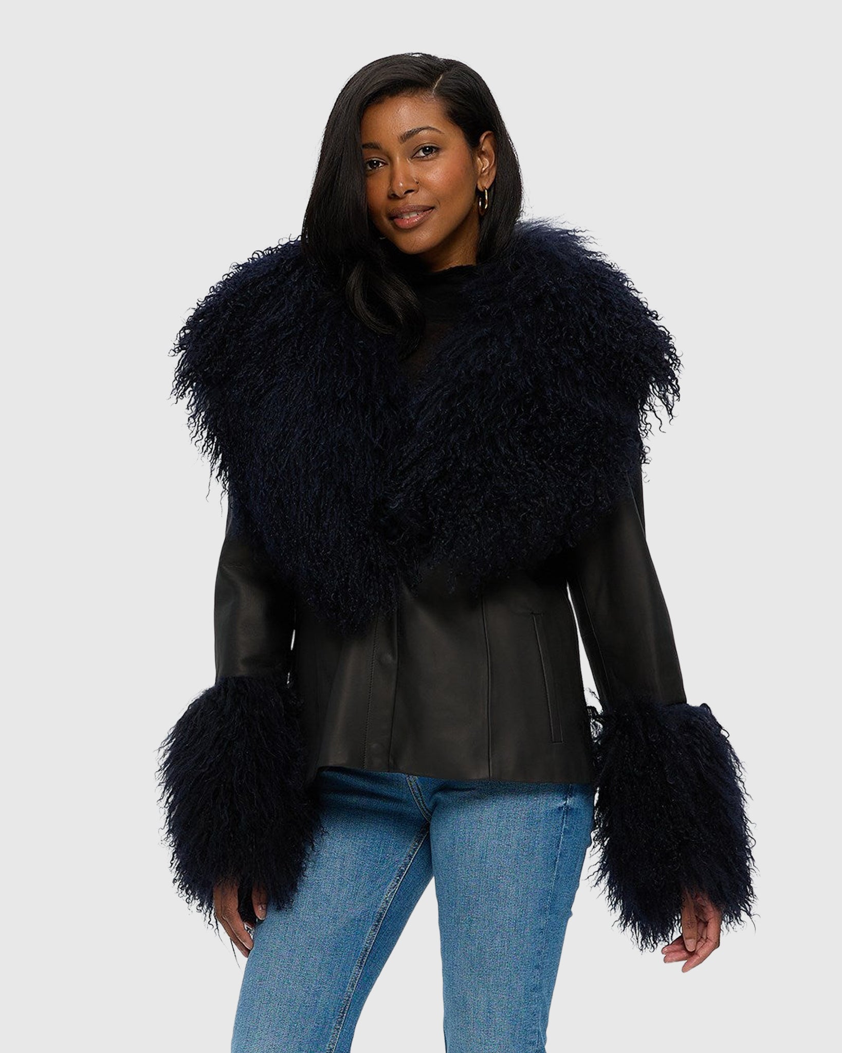 LEATHER JACKET WITH MONGOLIAN GOAT SHAWL COLLAR CUFFS