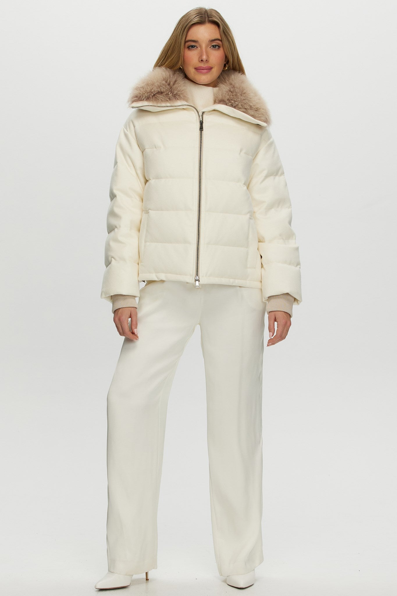 Down Jacket Crafted From Loro Piana Cashmere with Select Cashmere Goat Collar