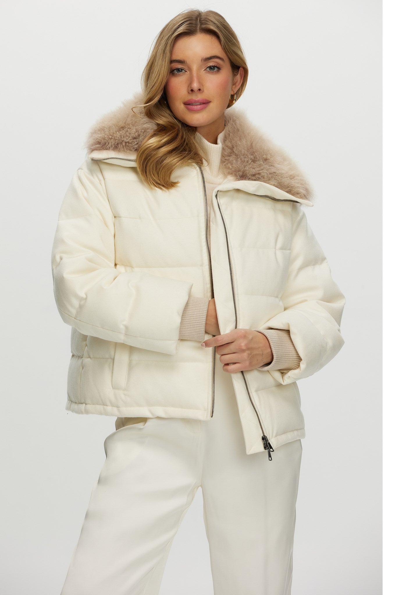 Down Jacket Crafted From Loro Piana Cashmere with Select Cashmere Goat Collar