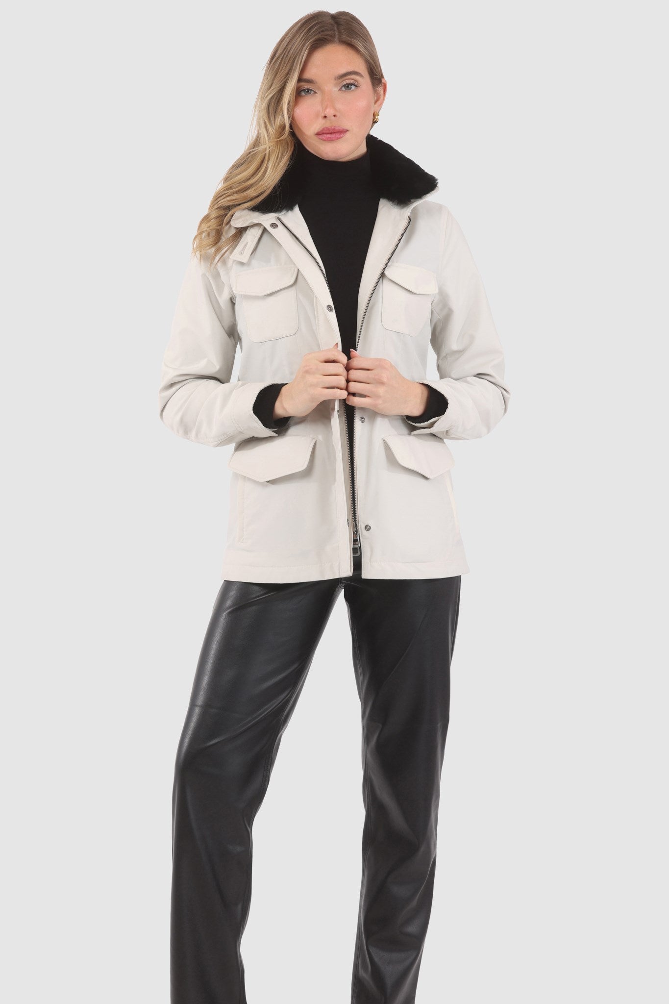 Jacket Crafted From Loro Piana Storm System Fabric with Detachable Select Shearling Lamb Collar and Concealed Hood