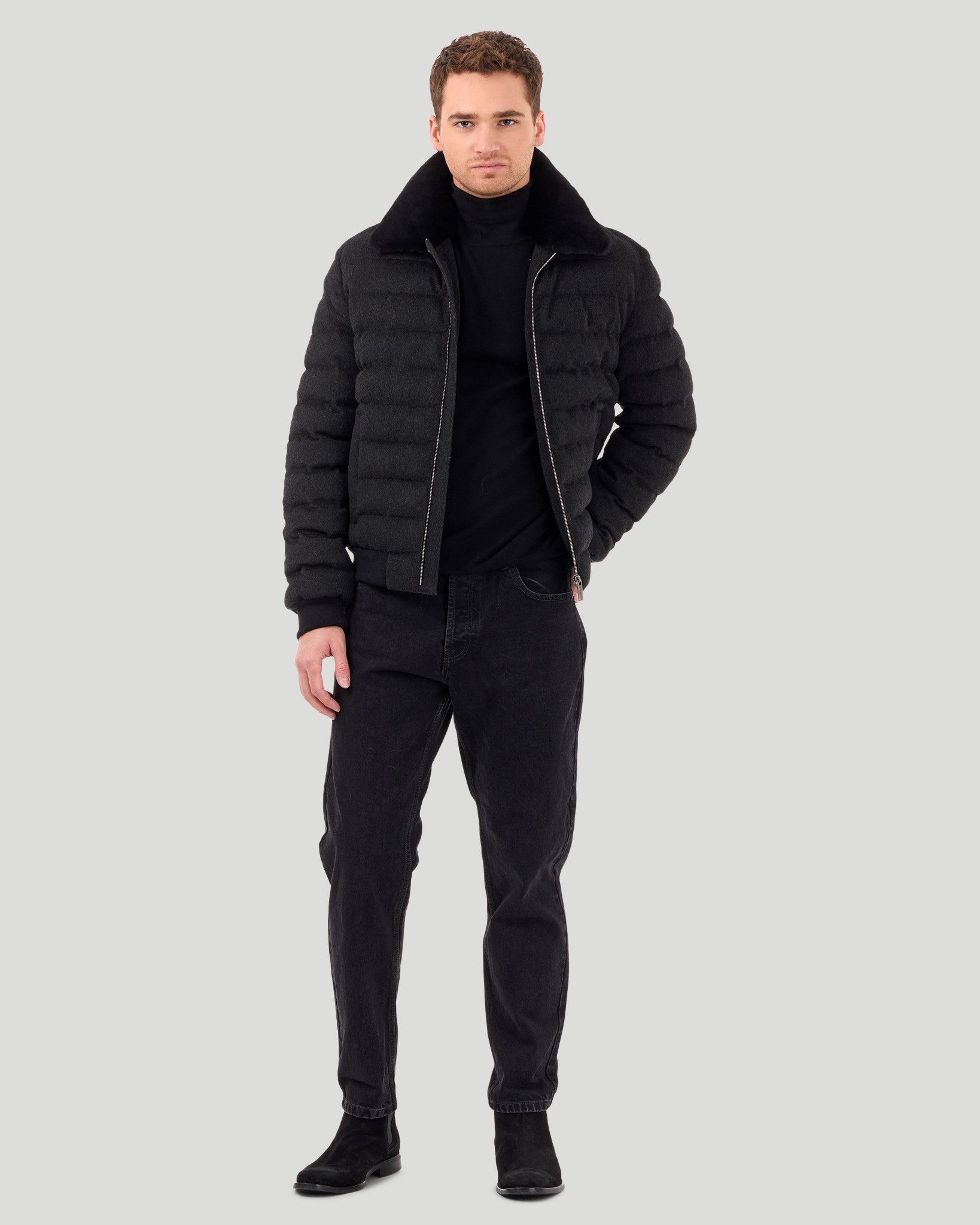 Men's Quilted Wool Jacket with Detachable Select Shearling Lamb Collar