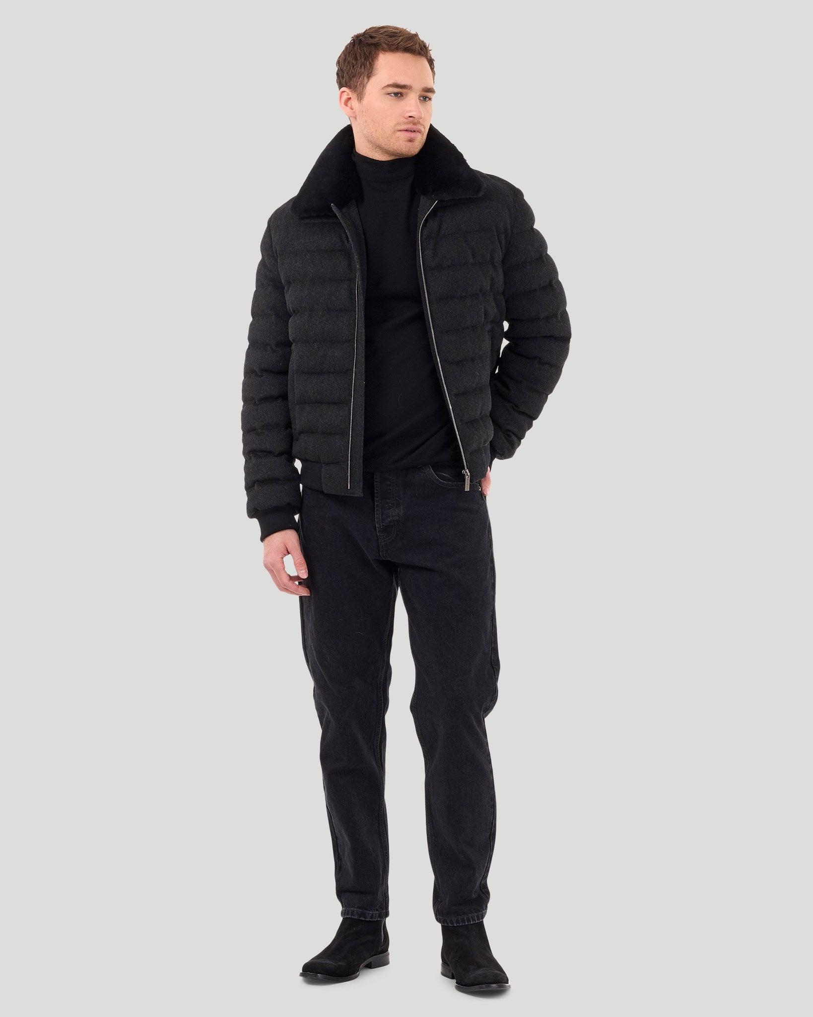 Men's Quilted Wool Jacket with Detachable Select Shearling Lamb Collar