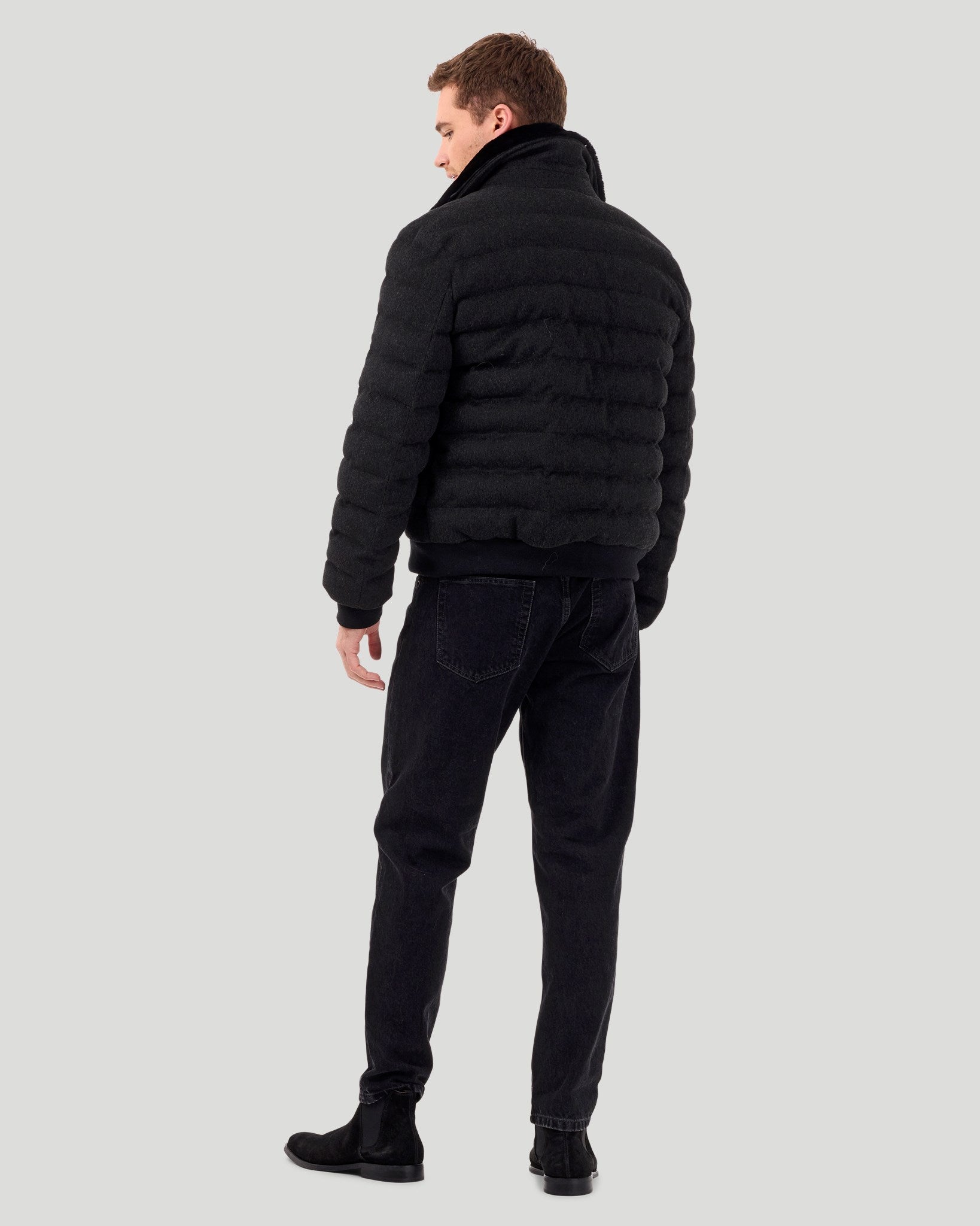 Men's Quilted Wool Jacket with Detachable Select Shearling Lamb Collar