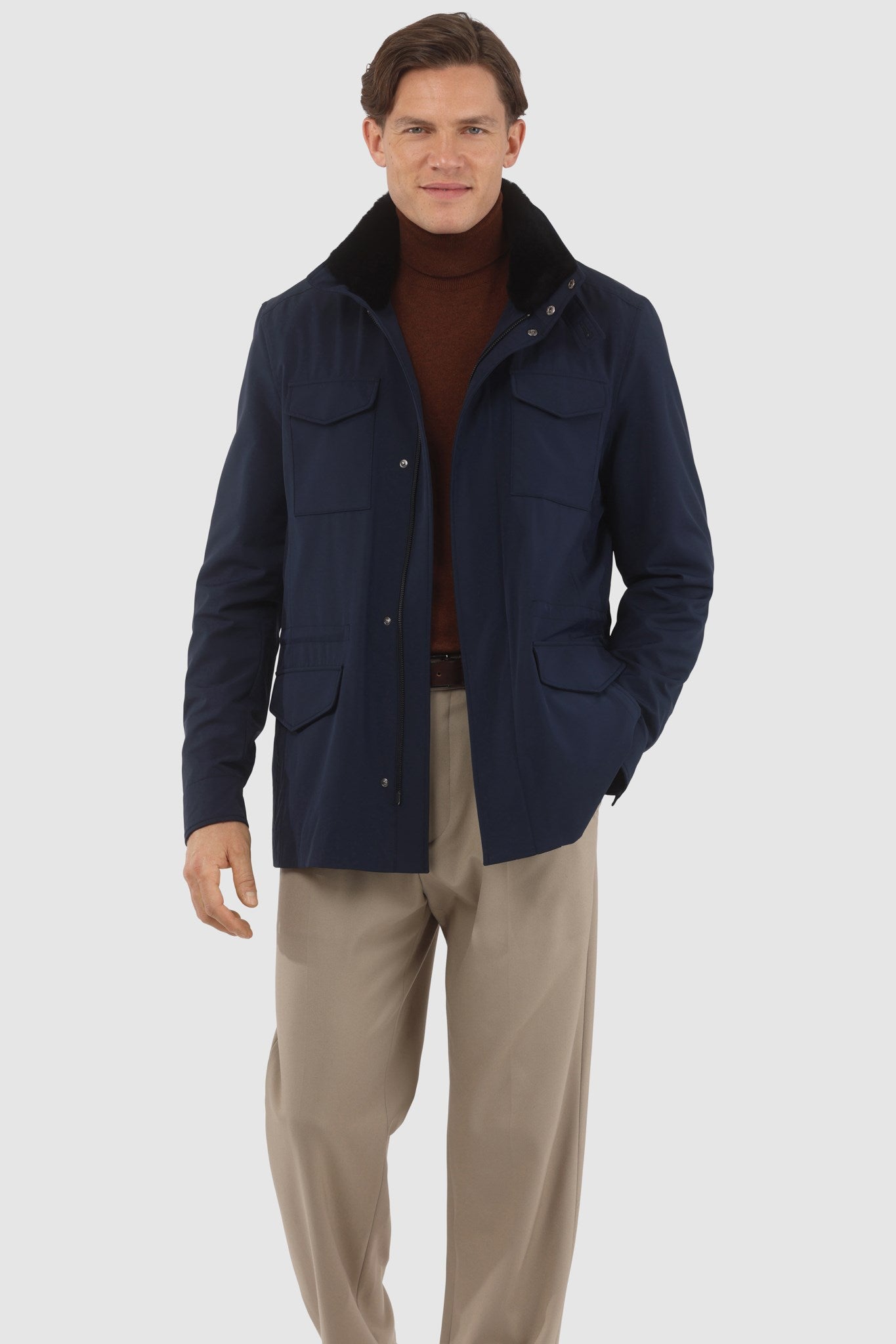 Men's Jacket Crafted From Loro Piana Storm System Fabric with Detachable Shearling Lamb Collar and Concealed Hood