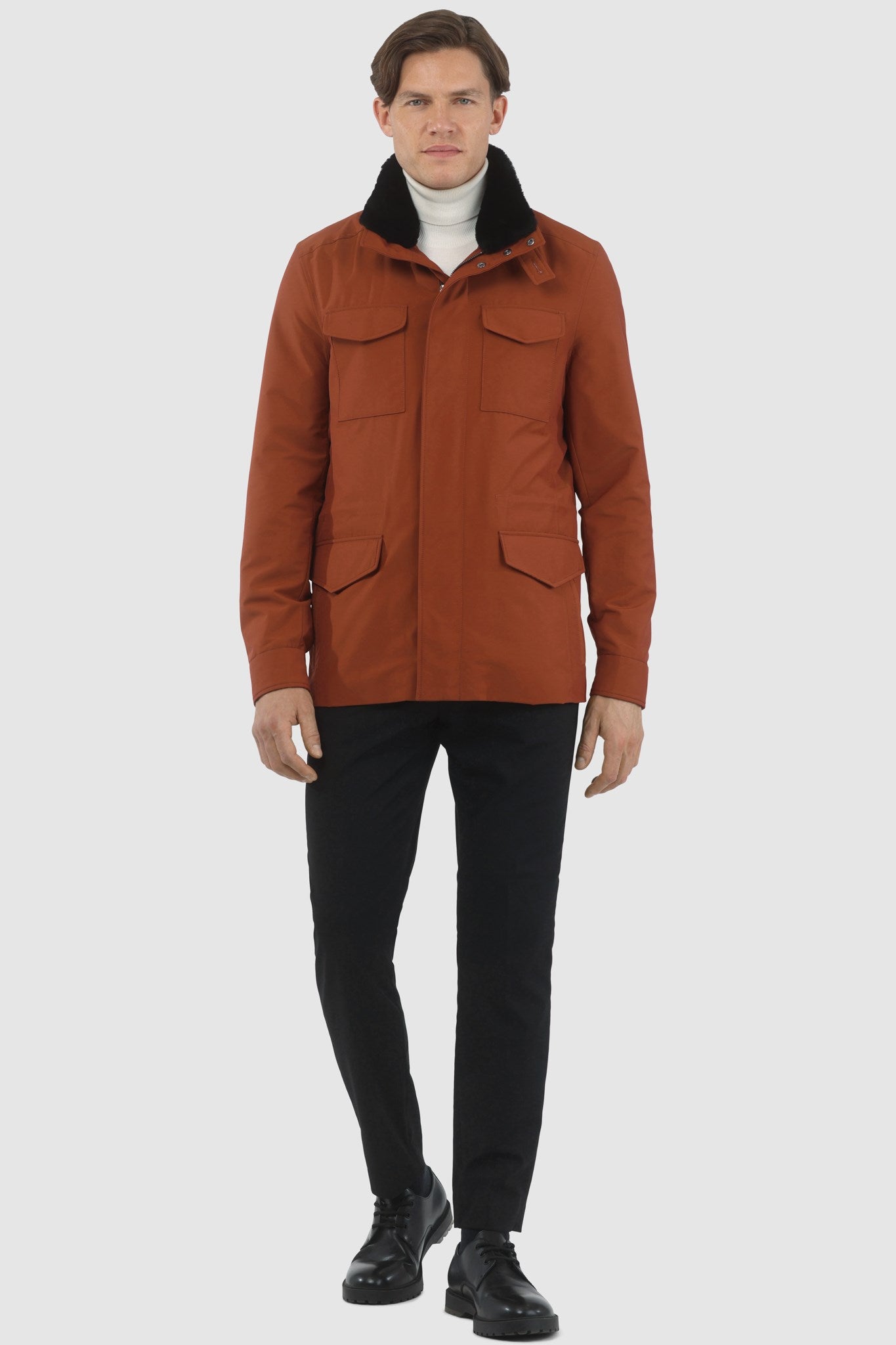 Men's Jacket Crafted From Loro Piana Storm System Fabric with Detachable Shearling Lamb Collar and Concealed Hood