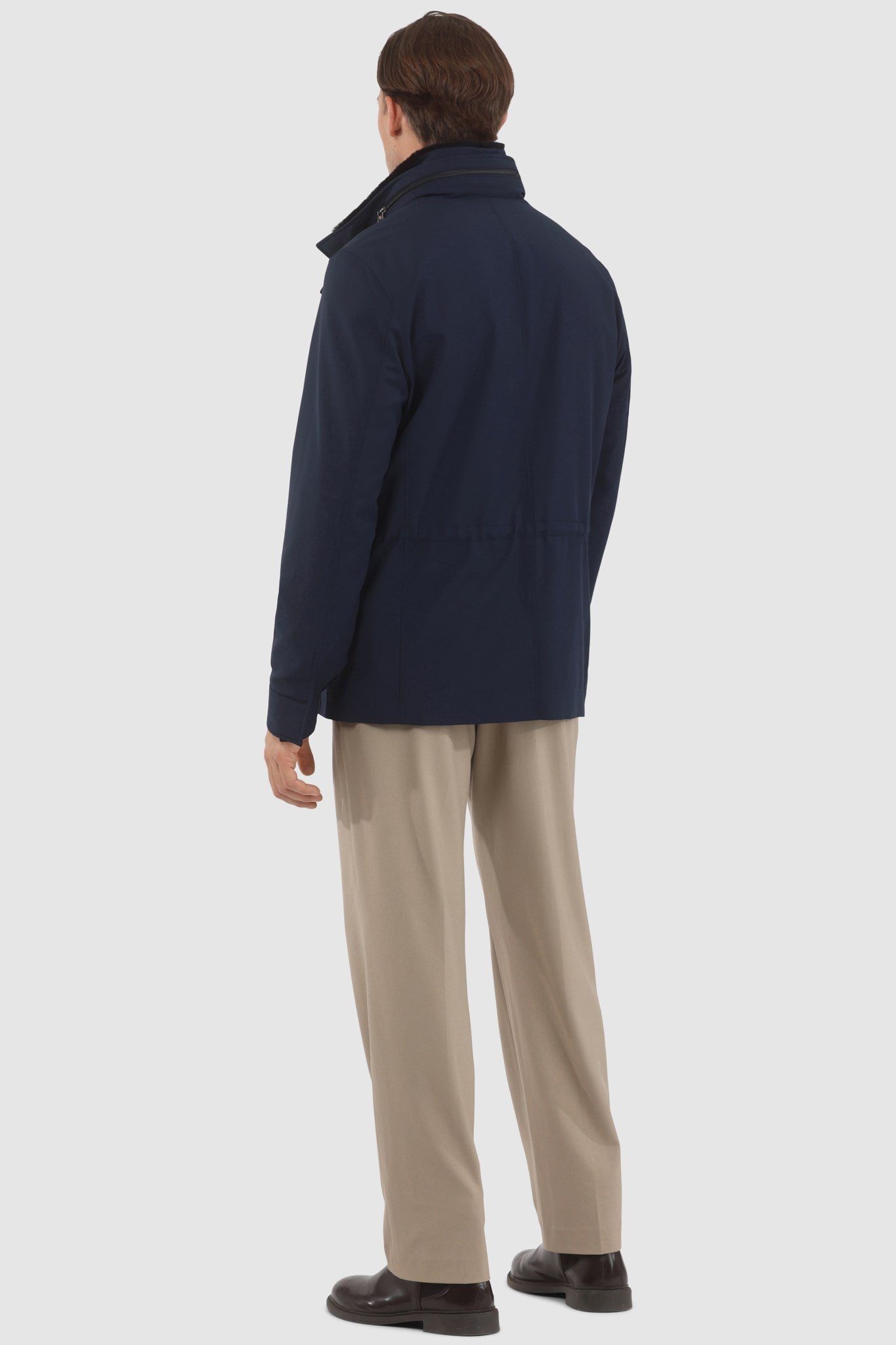 Men's Jacket Crafted From Loro Piana Storm System Fabric with Detachable Shearling Lamb Collar and Concealed Hood