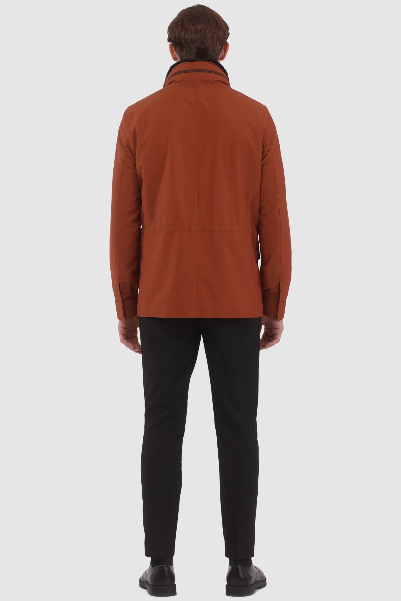 Men's Jacket Crafted From Loro Piana Storm System Fabric with Detachable Shearling Lamb Collar and Concealed Hood