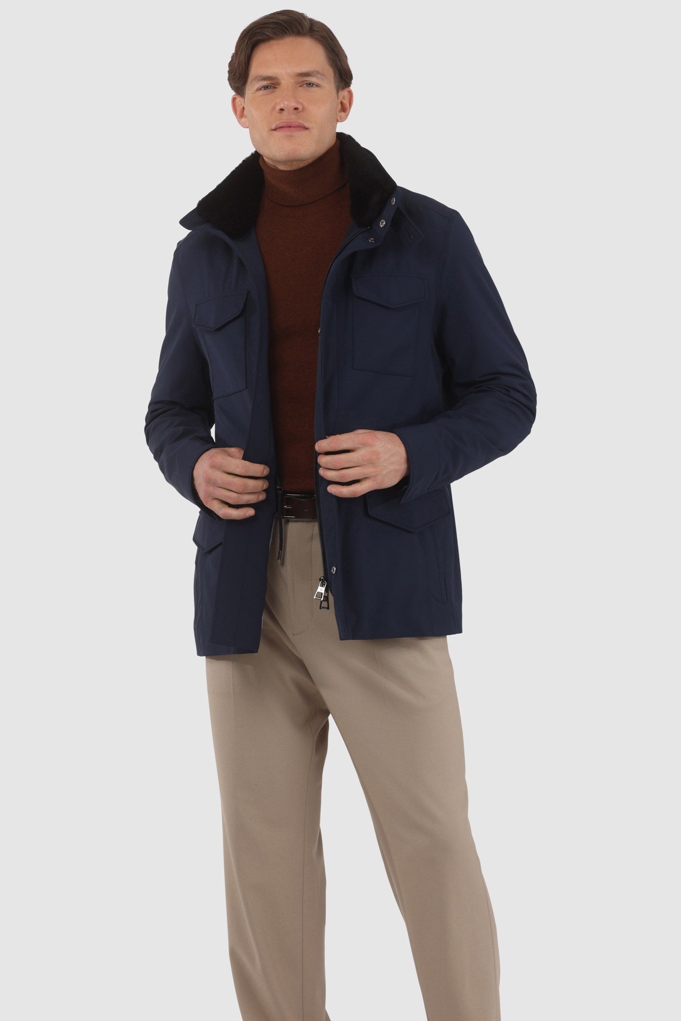 Men's Jacket Crafted From Loro Piana Storm System Fabric with Detachable Shearling Lamb Collar and Concealed Hood