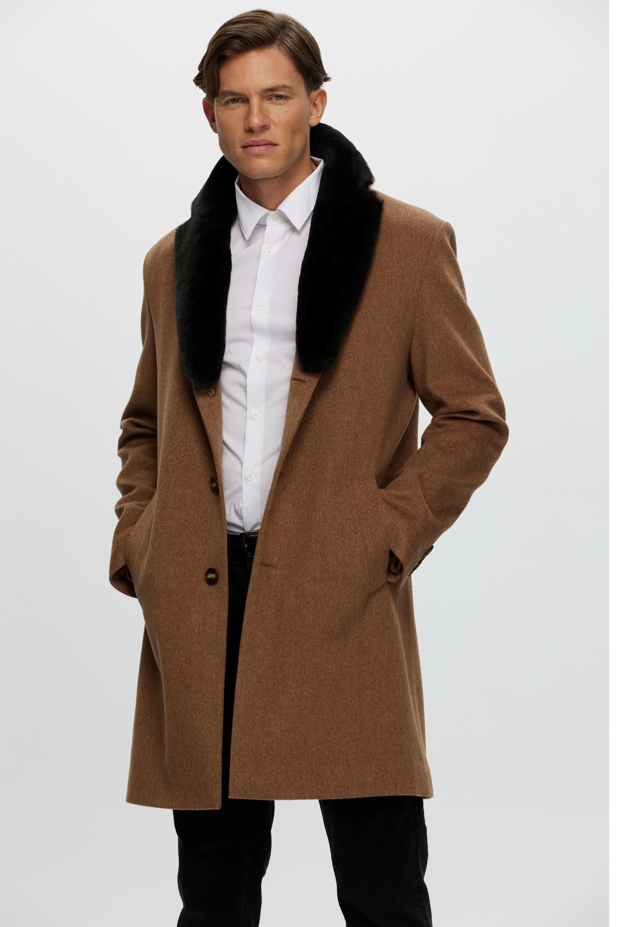 Men's Short Coat Crafted From Loro Piana Wool with Select Shearling Lamb Collar