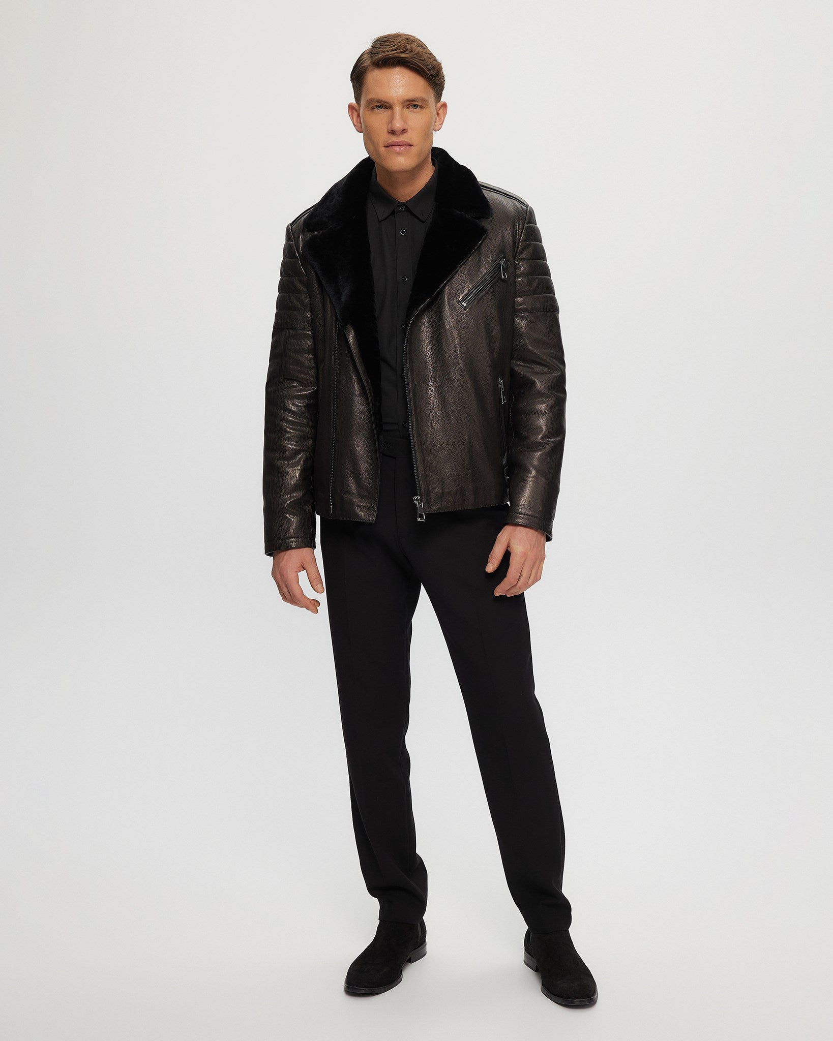 Mens Nappa Moto Jacket with Shearling Lamb Lining Black Black XL