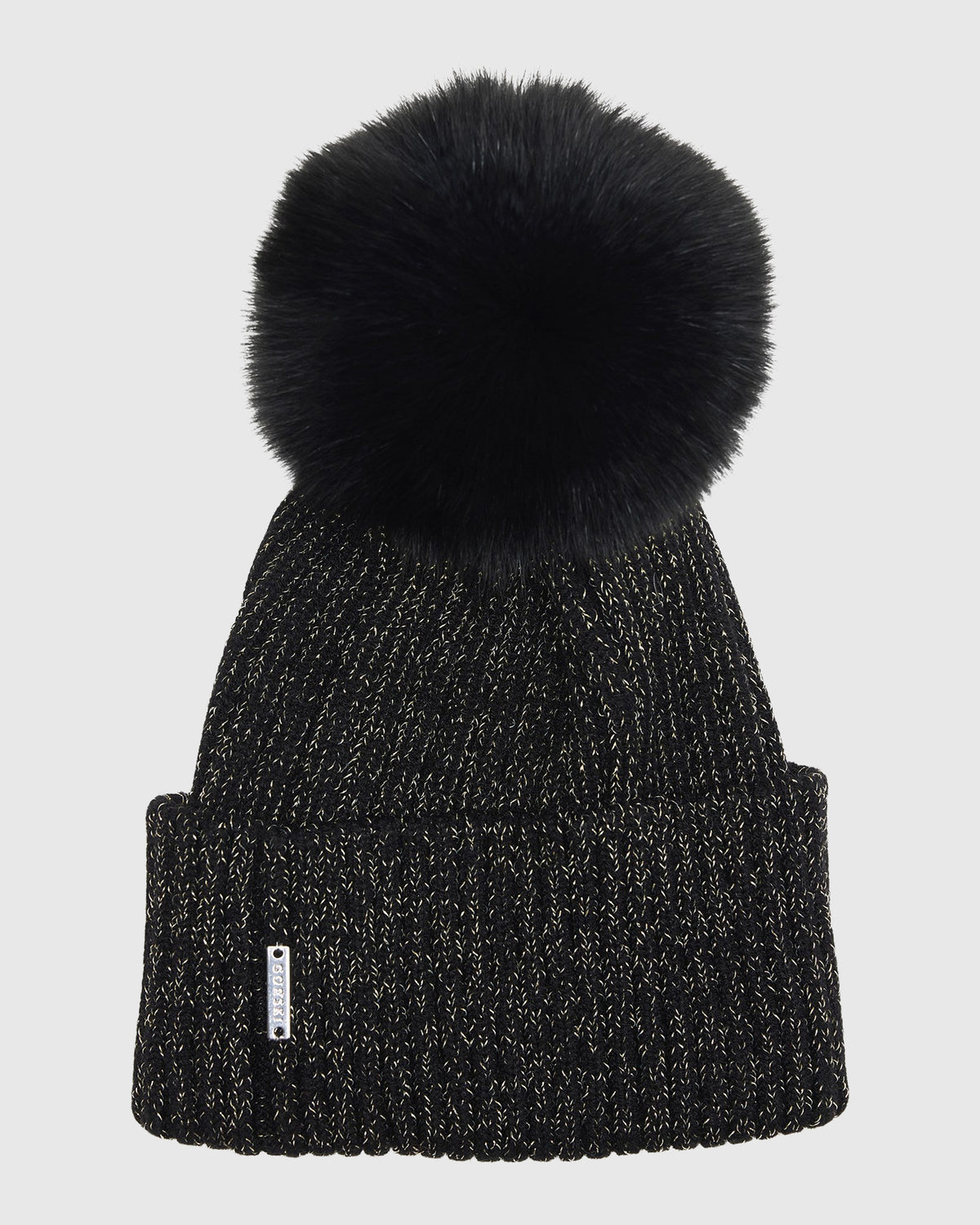 Fox Fur Black Sequined Beanie Belle Knit Mink Beanie Hat with Fox Fur Pom Pom in Black  main image 3